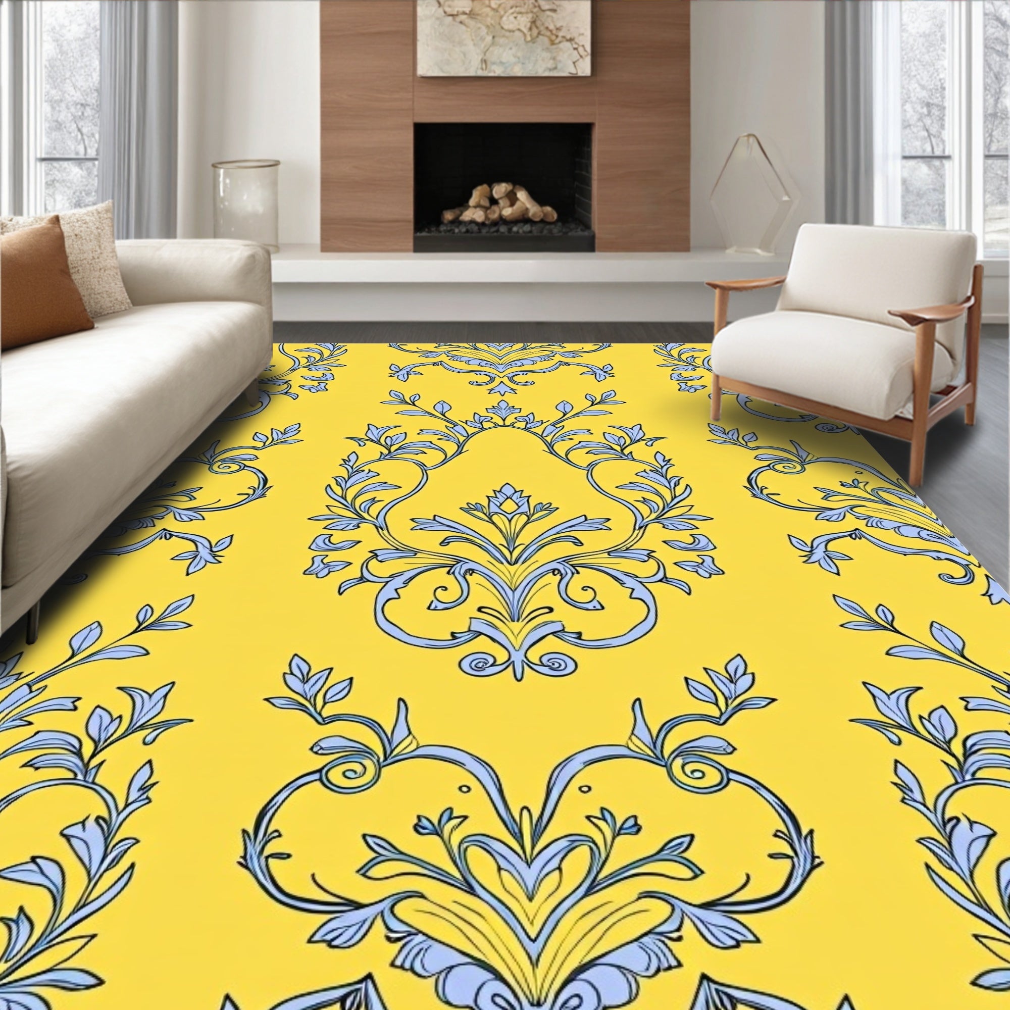 Yellow Botanical Damask Pattern Rug