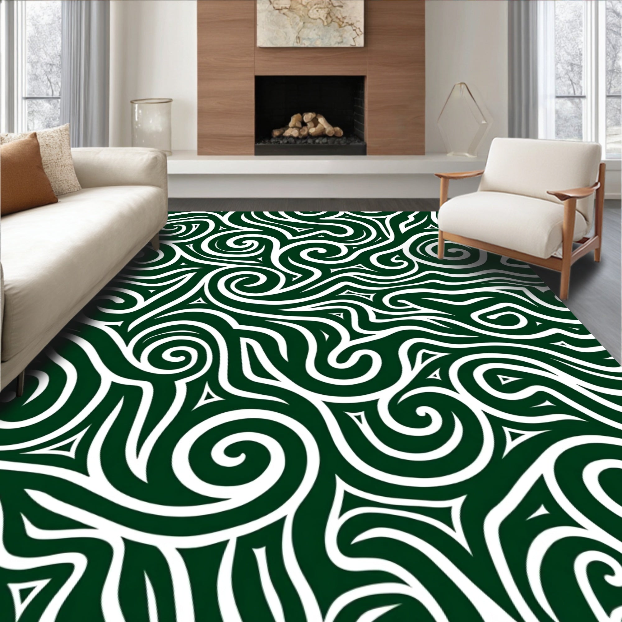 Dark Green White Tribal Swirl Abstract Rug