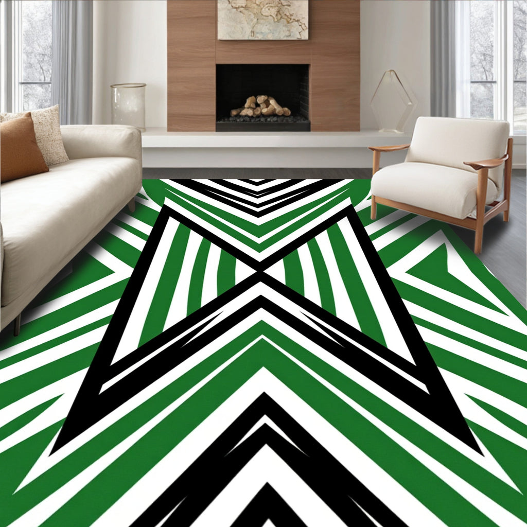Striking Geometric Black Green Pattern Rug