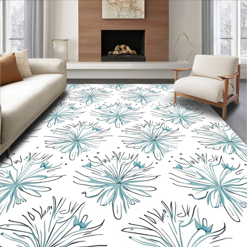 Light Blue Floral Line Art Rug