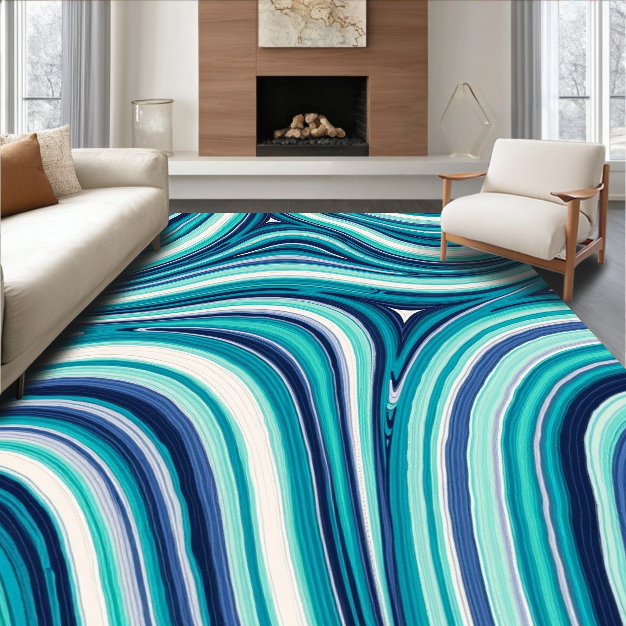 Abstract Flowing Stripe Blue Teal Rug