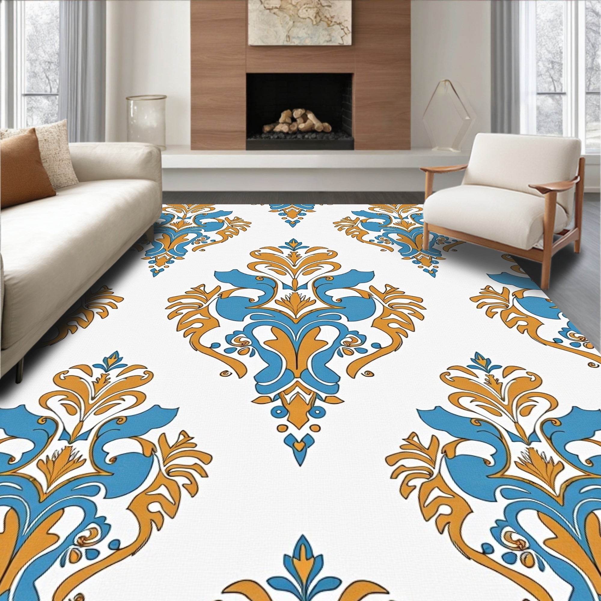 Classic Blue Gold Damask Swirls Rug