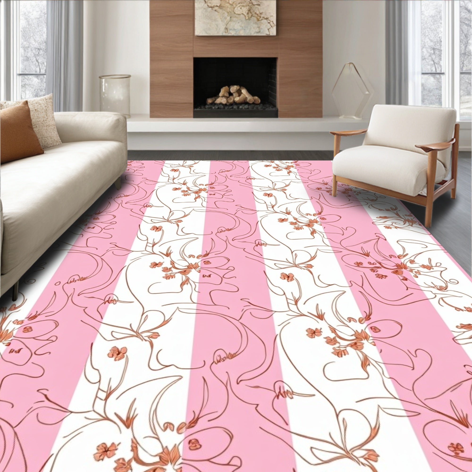 Pink White Stripe Floral Line Art Rug
