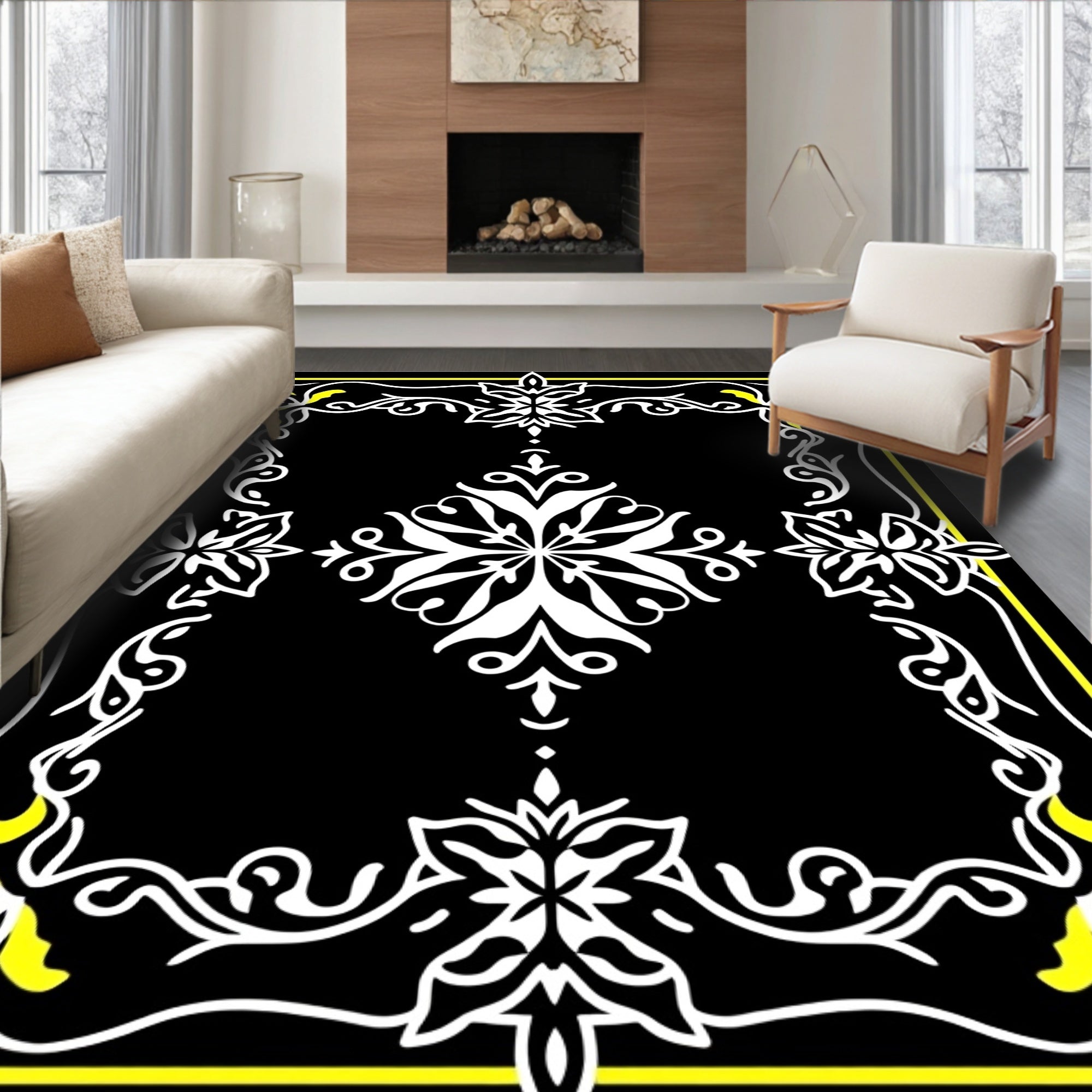 Bold Black White Floral Scroll Rug