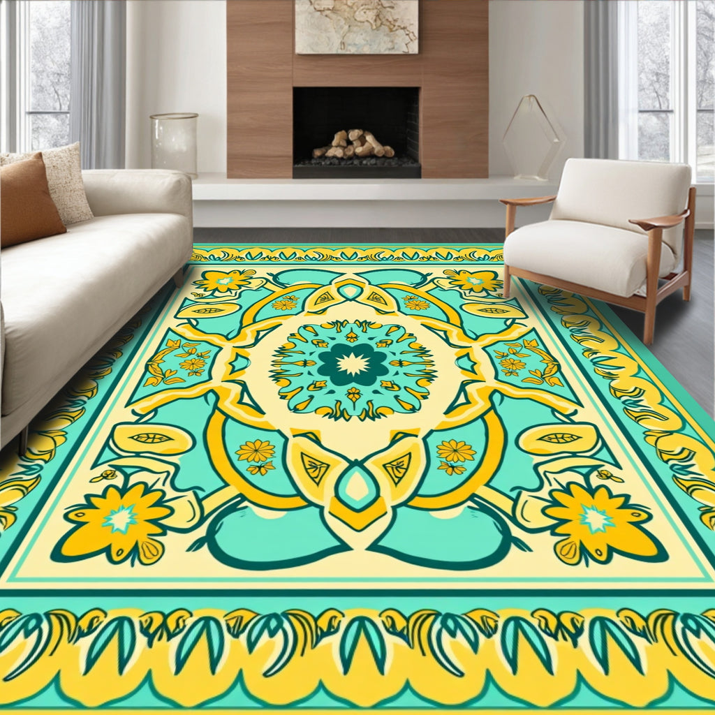 Teal Yellow Floral Mandala Pattern Rug