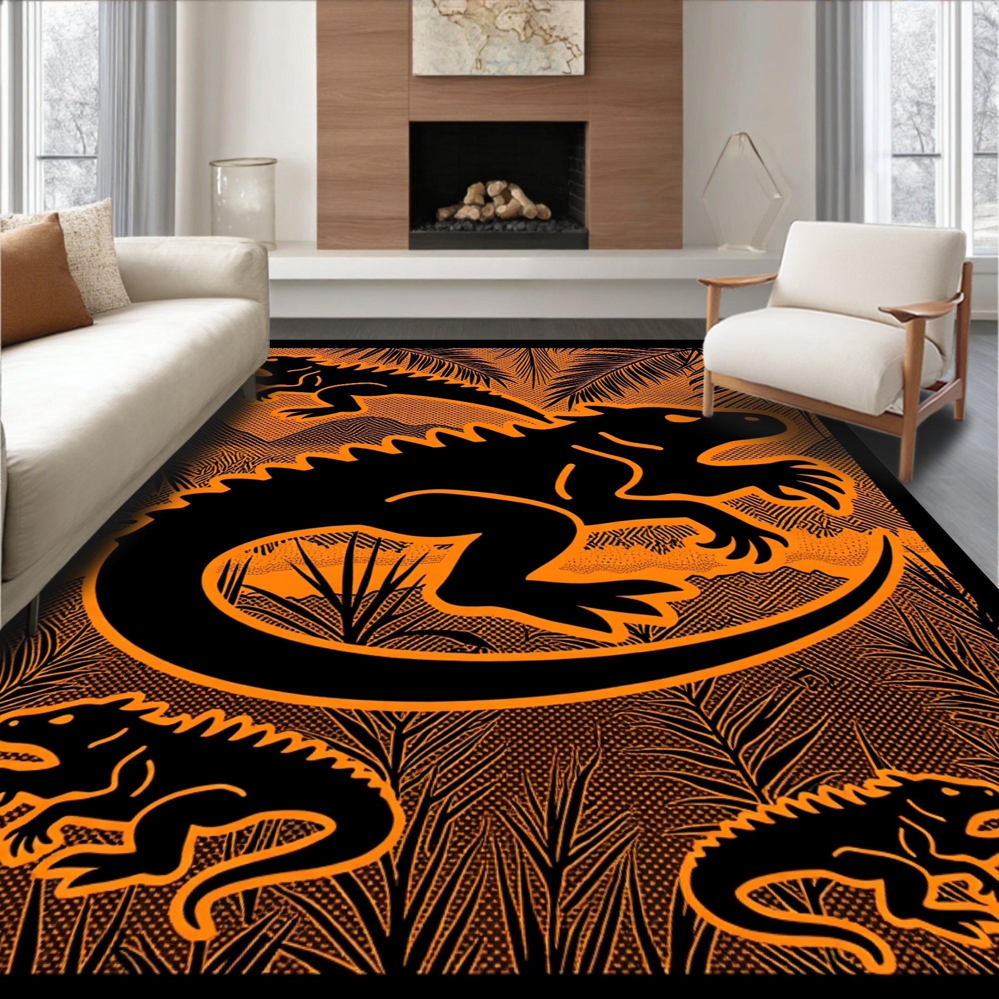 Orange Lizard Tropical Landscape Rug