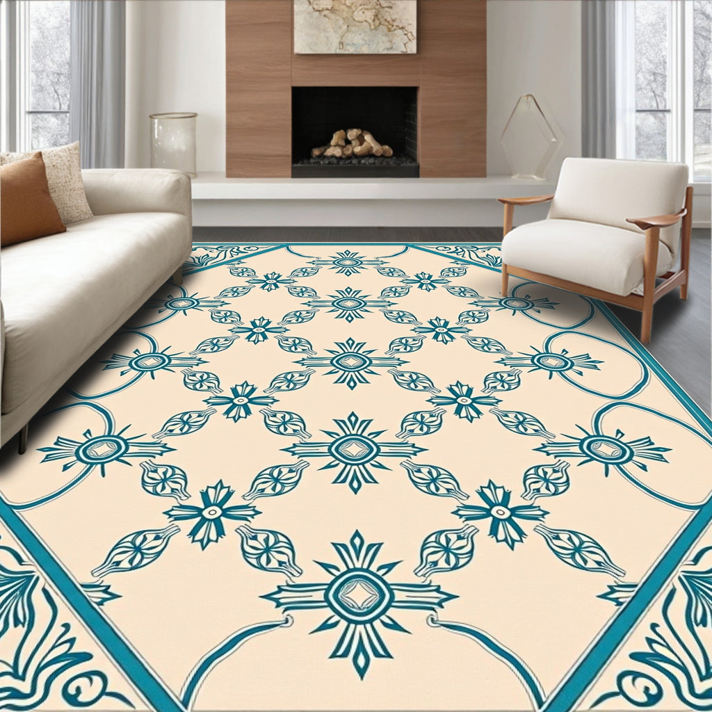 Teal Floral Medallion Patterned Rug