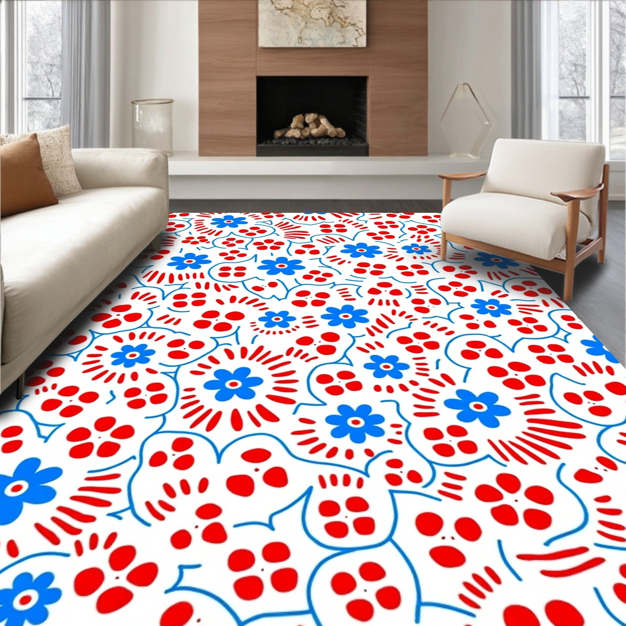 Bold Red Blue Floral Pattern Rug