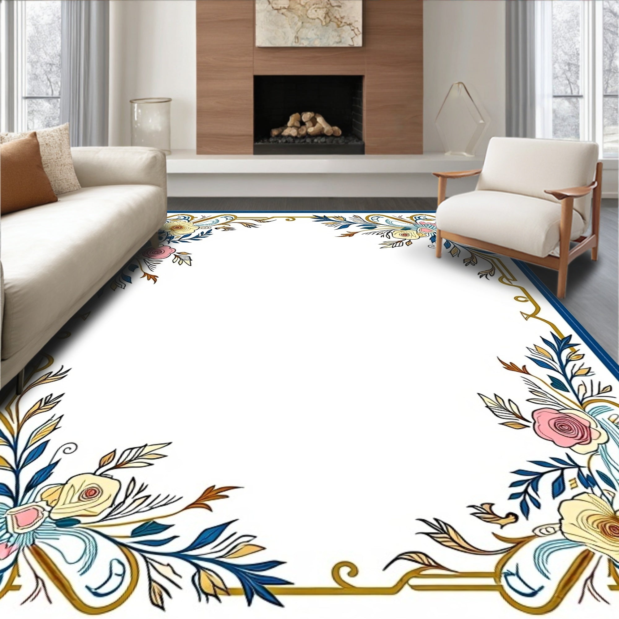 Art Nouveau Floral Golden Blue Border Rug