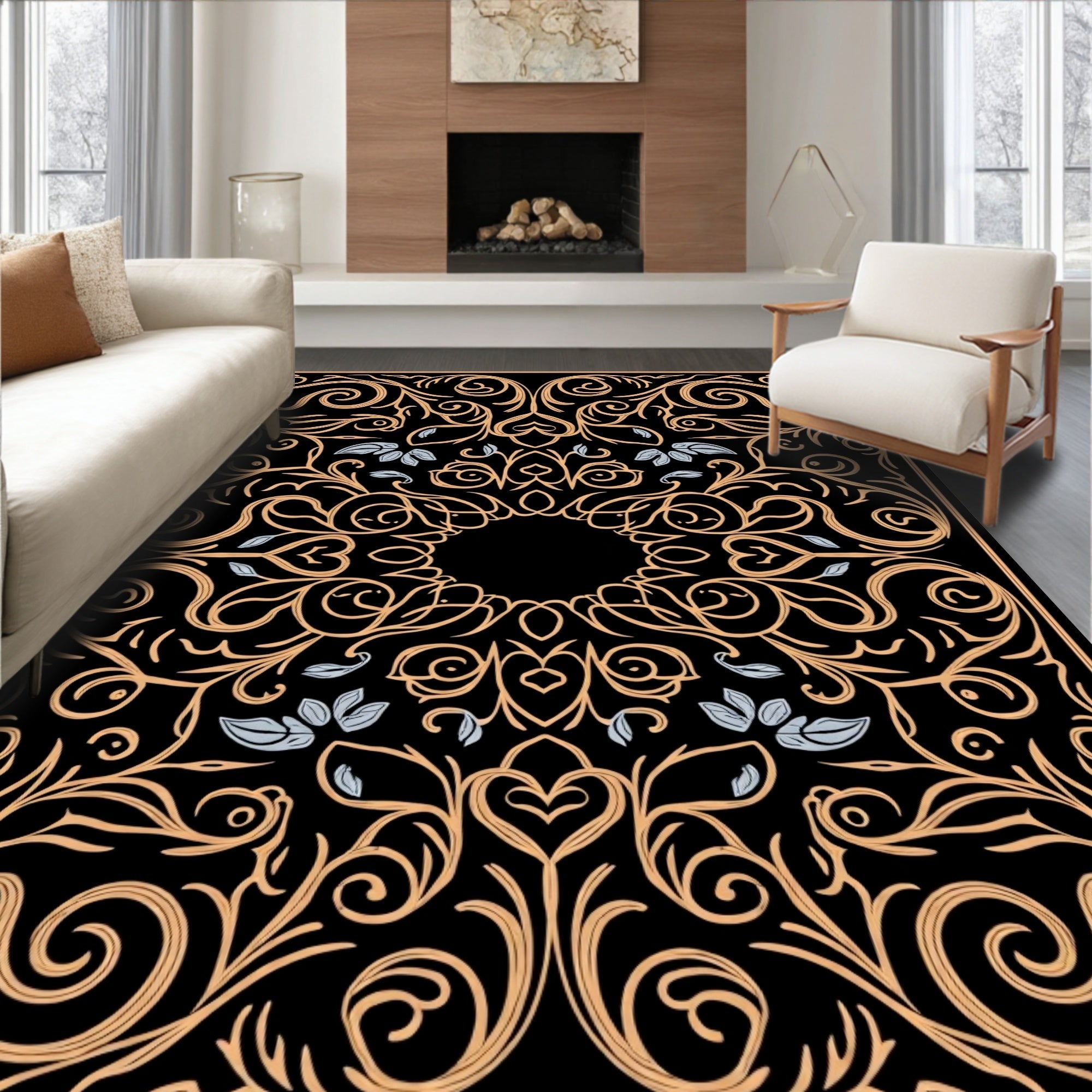 Elegant Gold Swirls Botanical Pattern Rug