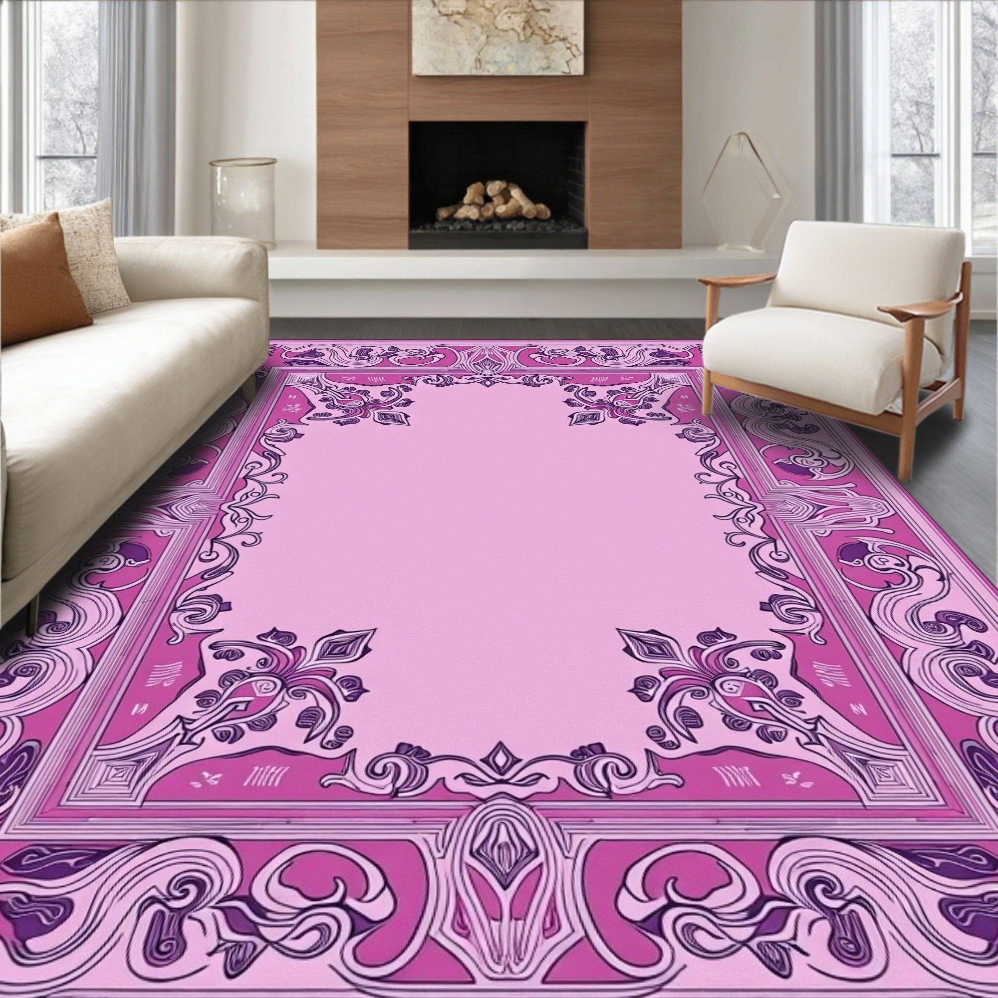 Fuchsia Abstract Swirl Decorative Frame Design Rug