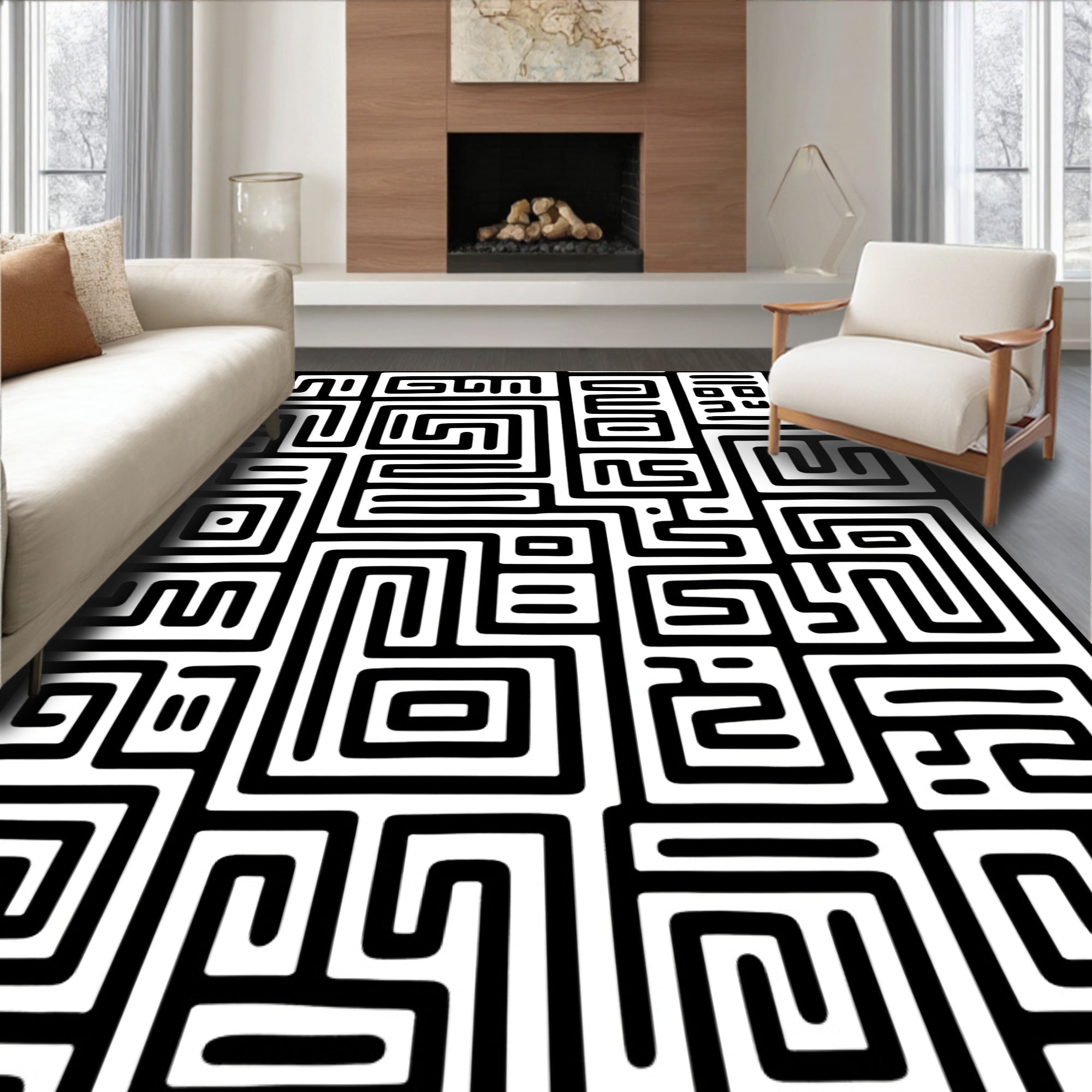 Abstract Black White Interlocking Maze Pattern Rug