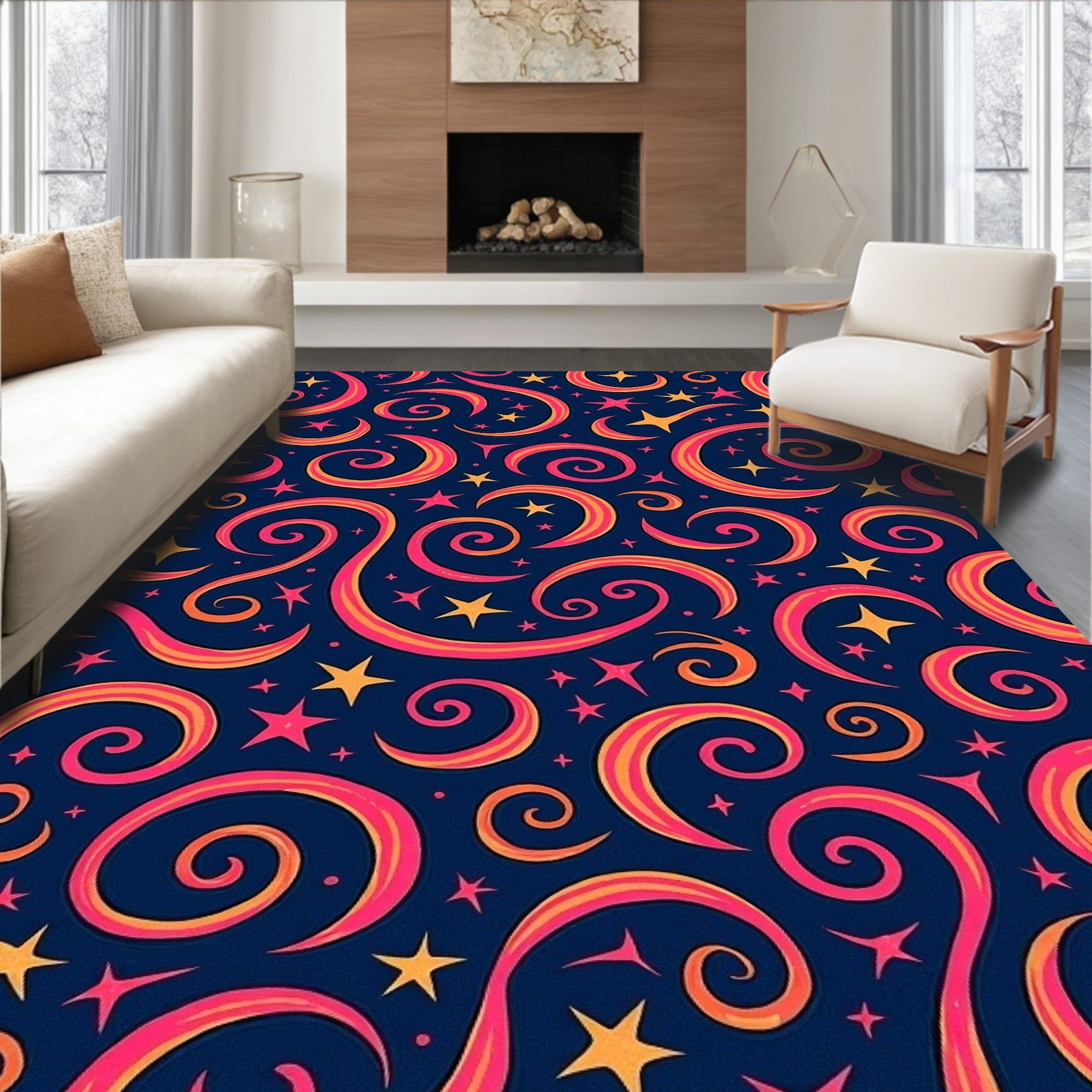 Whimsical Swirls Stars Pattern Rug