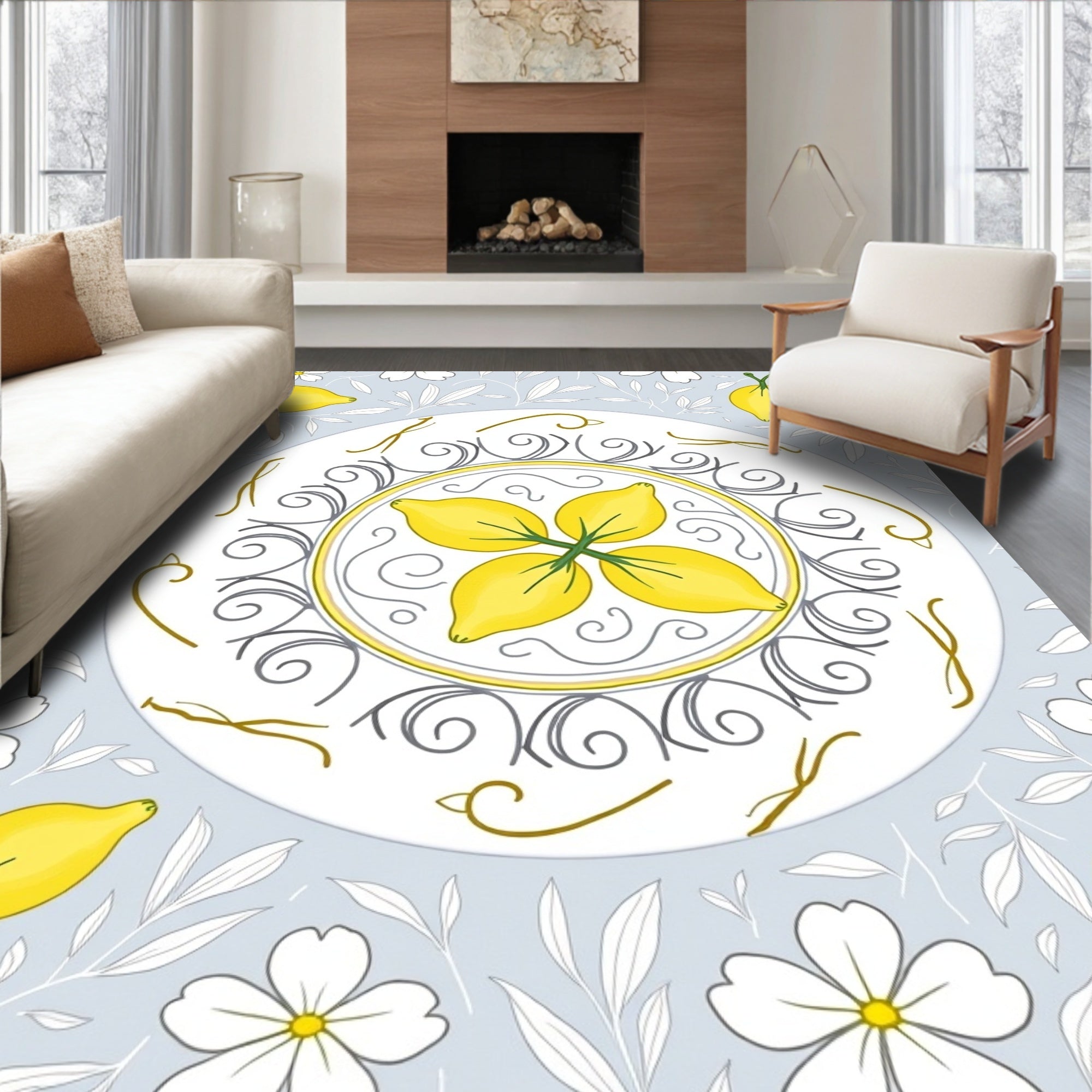 Yellow Citrus Floral Medallion Rug