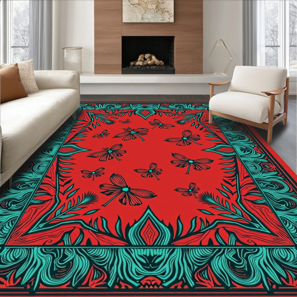 Red Teal Flying Insect Floral Border Rug