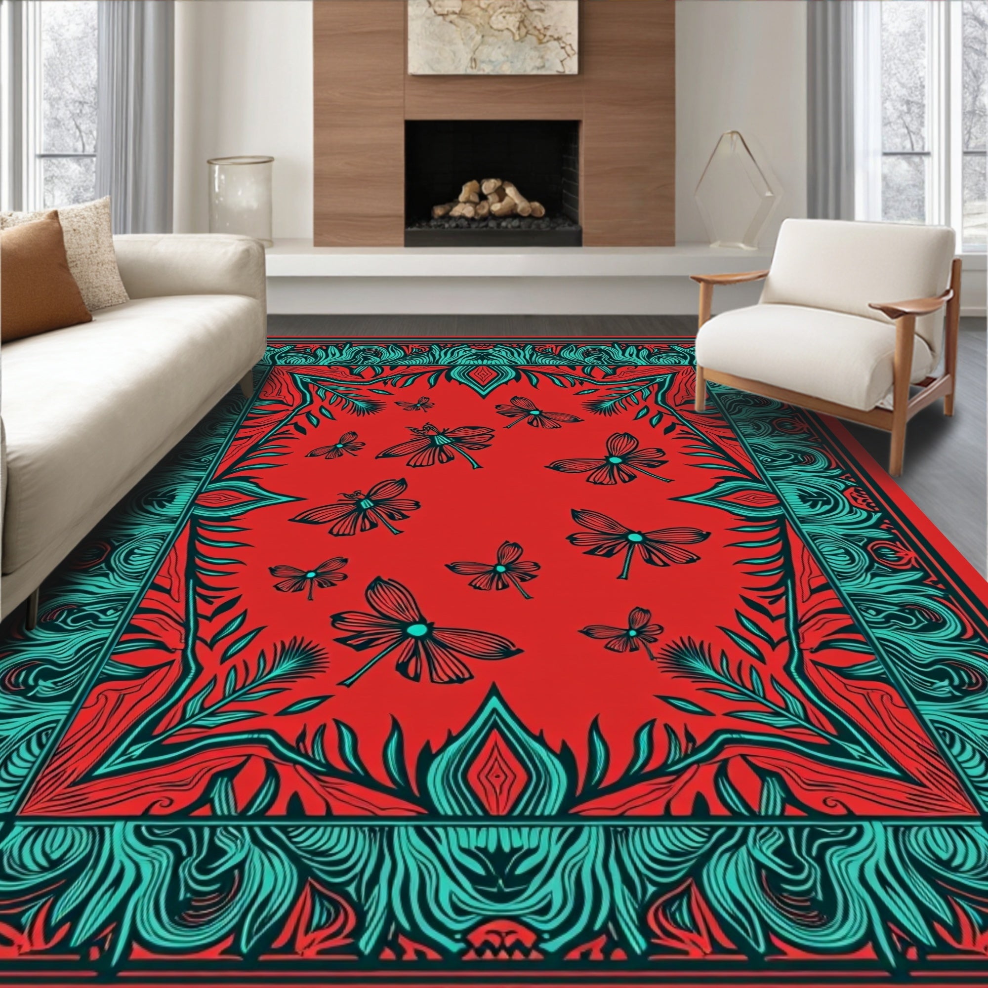 Red Teal Flying Insect Floral Border Rug