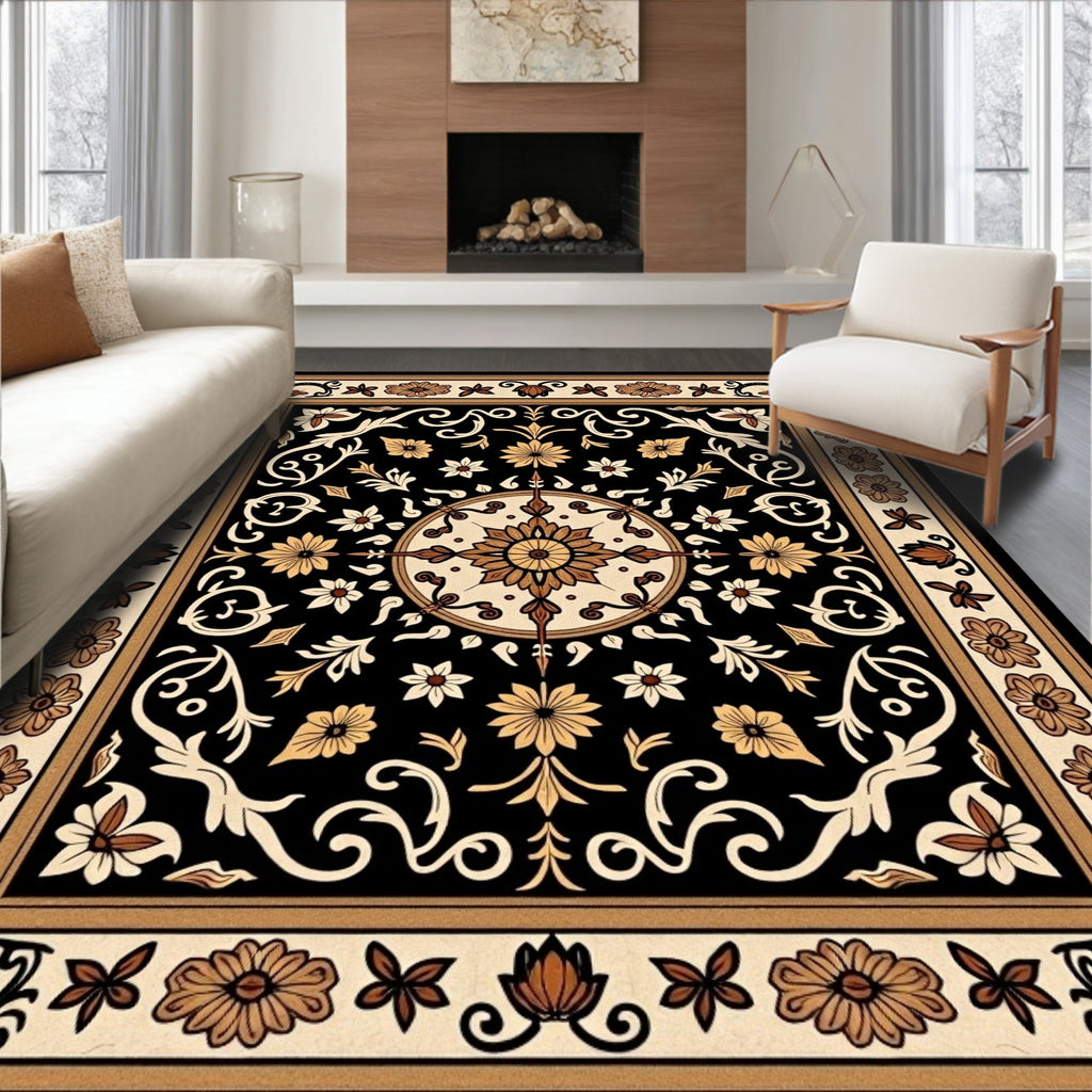 Black Floral Scrollwork Medallion Rug