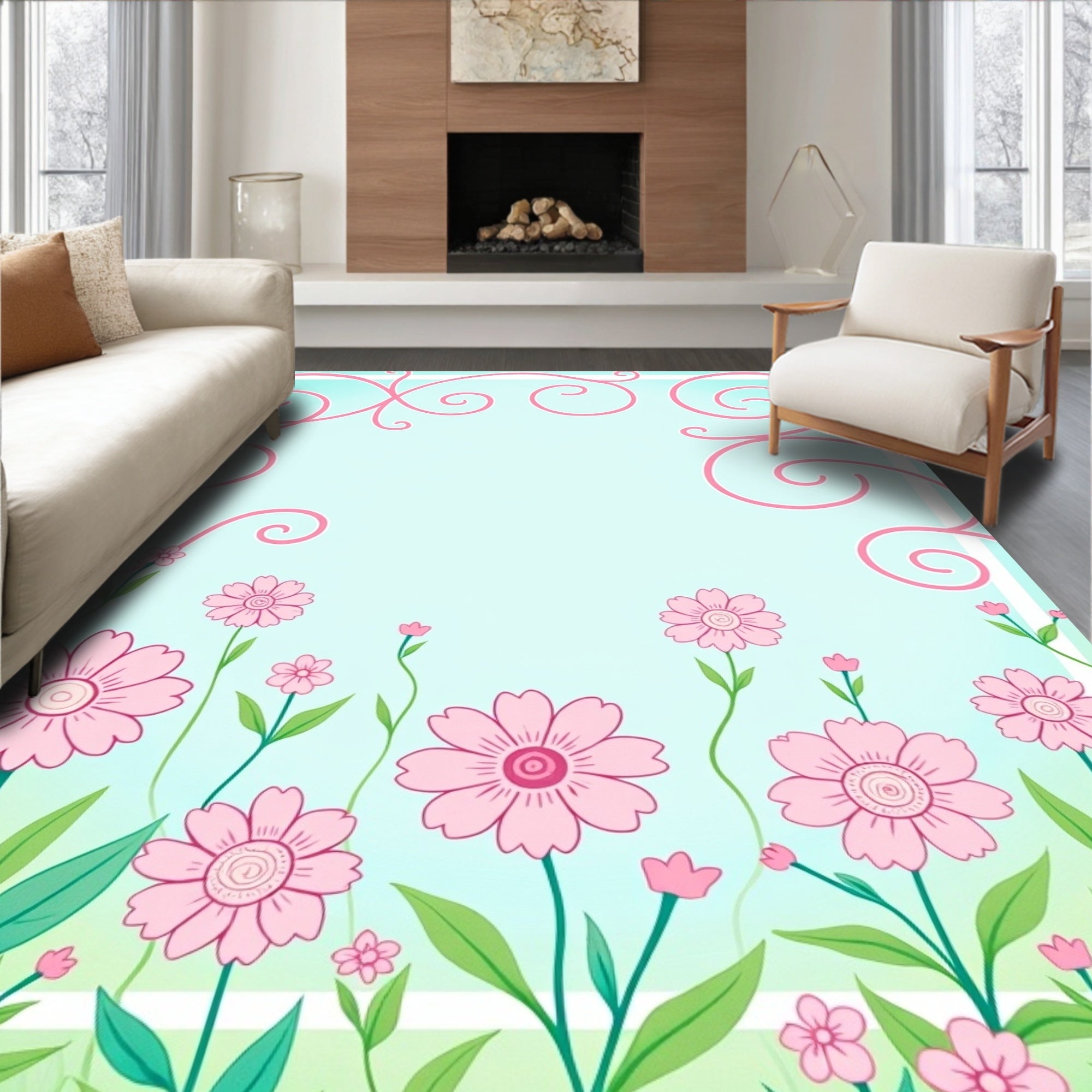 Pink Floral Swirls Garden Pattern Rug