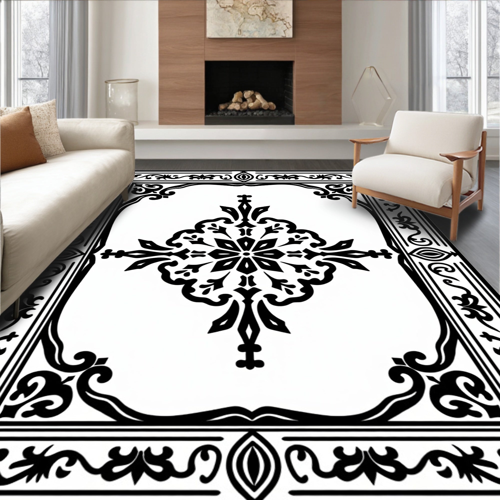Classic Black Floral Border Design Rug