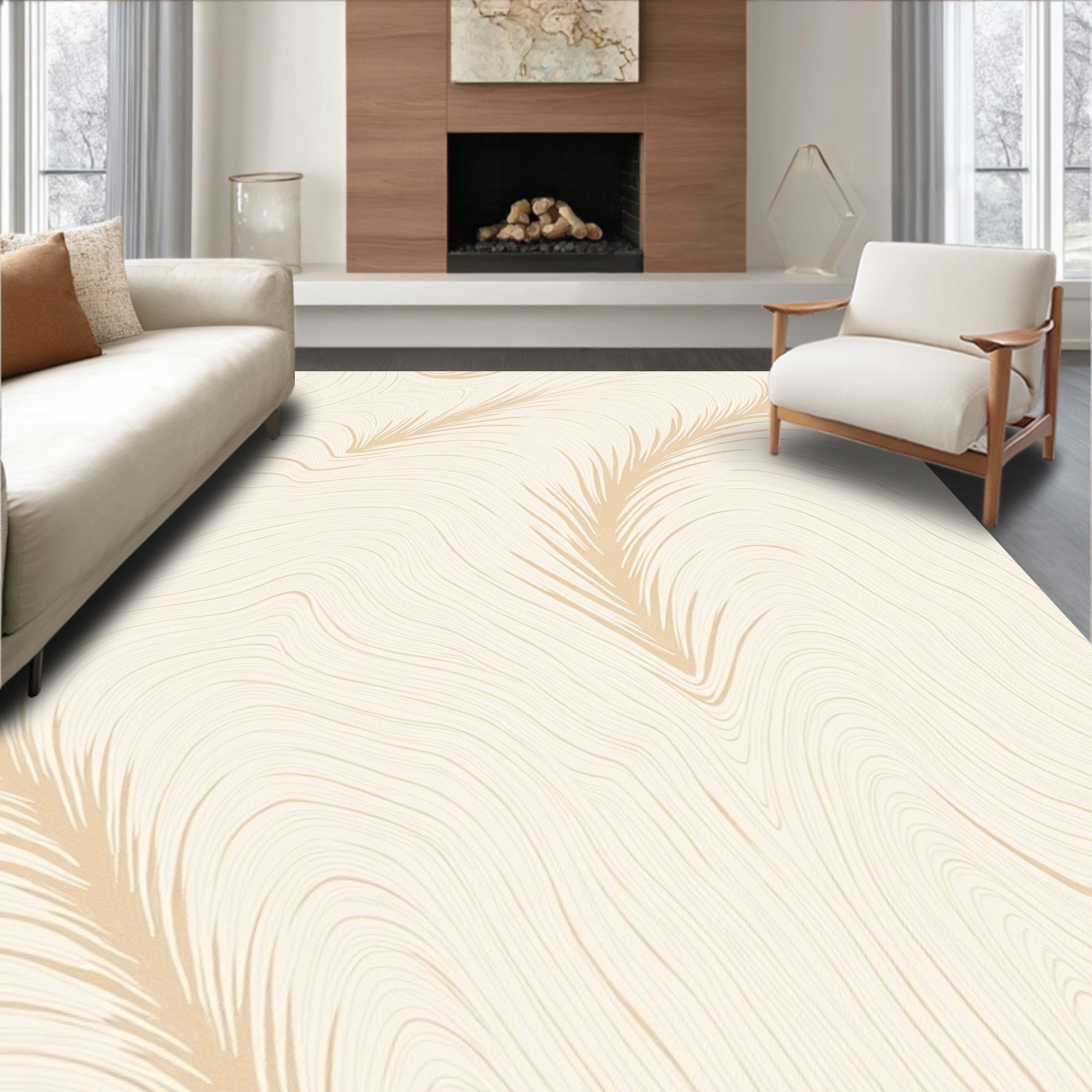 Abstract Cream Feather Lines Rug
