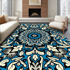 Blue Black Cream Floral Mandala Rug