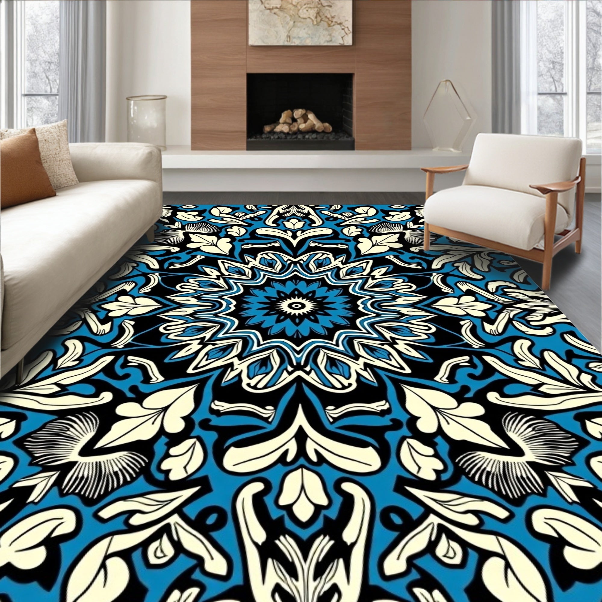 Blue Black Cream Floral Mandala Rug