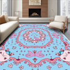 Whimsical Pink Floral Creatures Blue Rug