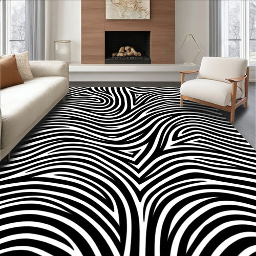 Abstract Black and White Curve Pattern Rug