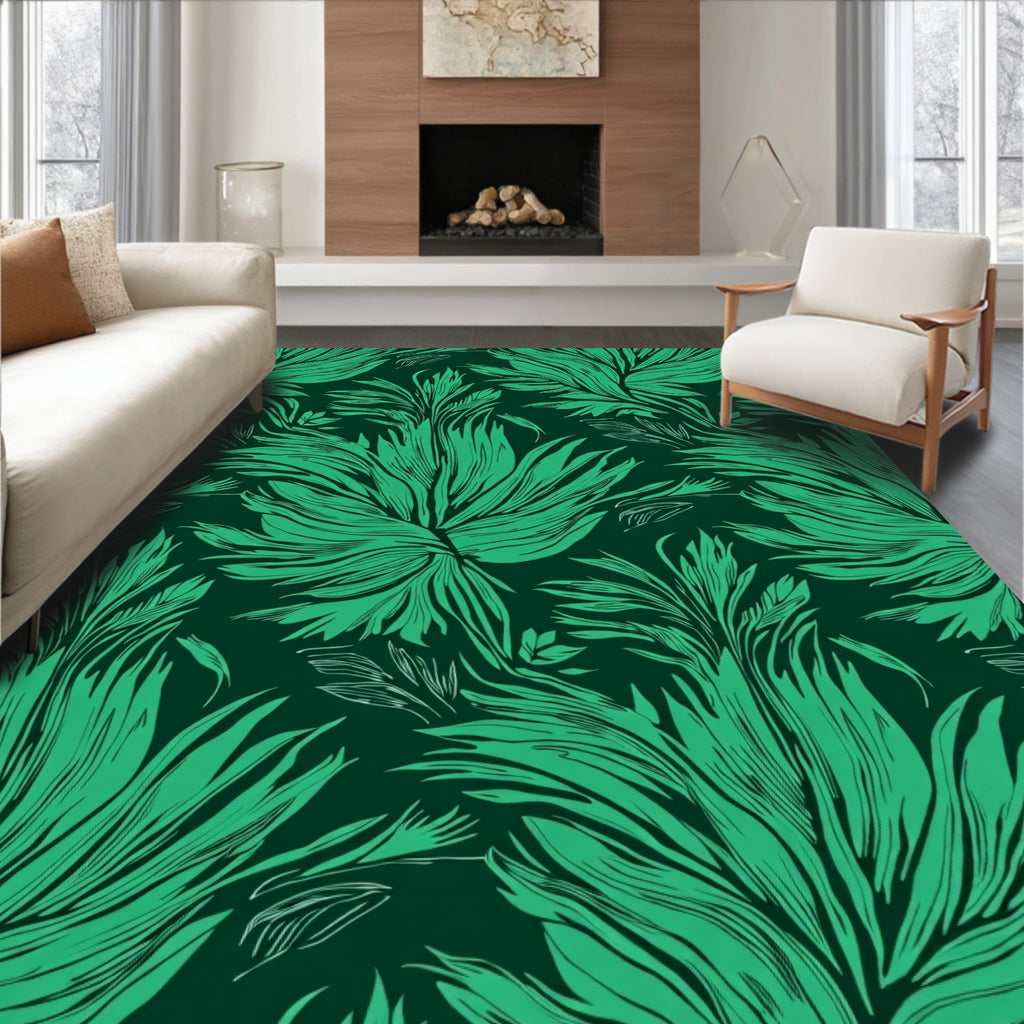 Deep Green Leaf Pattern Rug