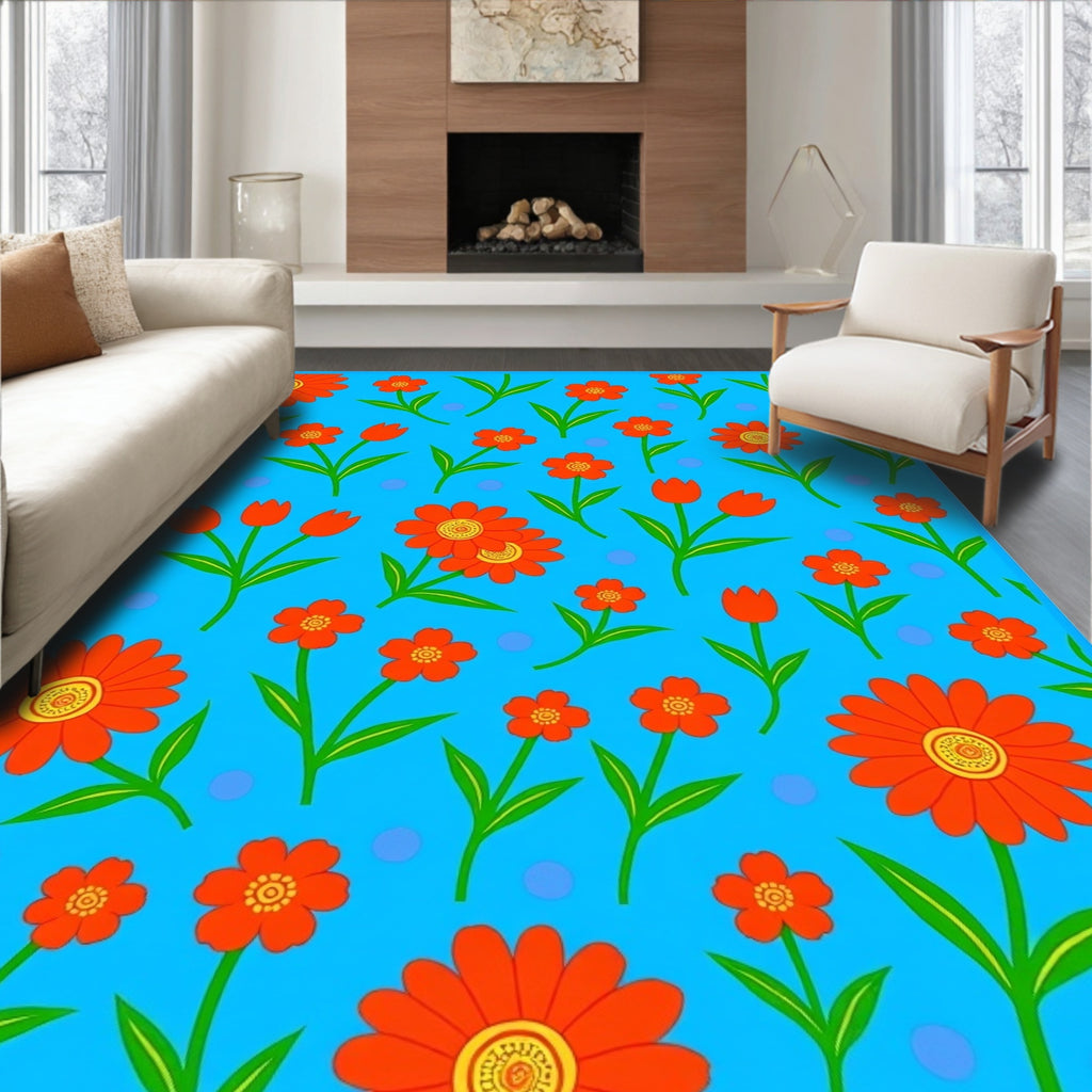 Bright Orange Floral Blue Pattern Rug