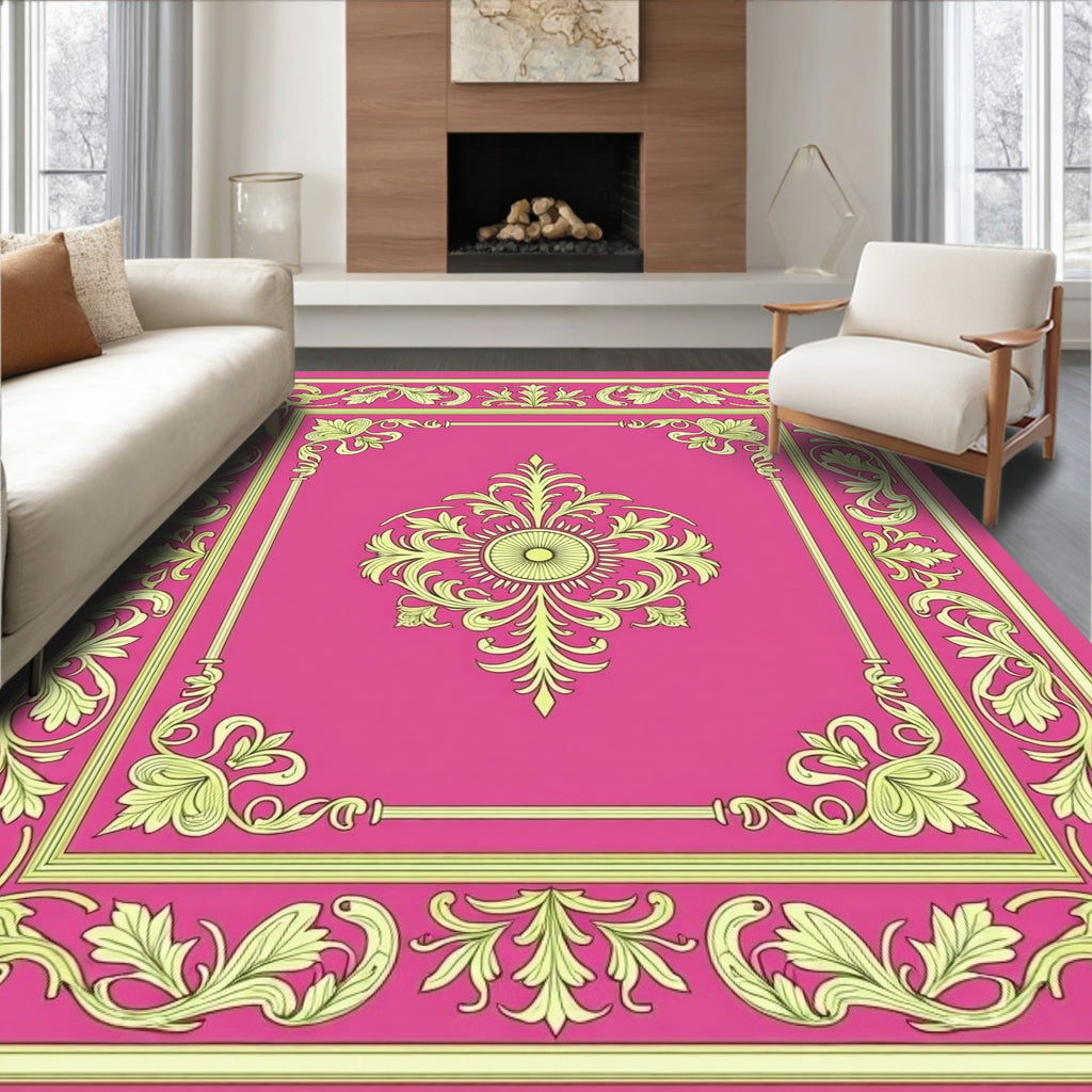 Ornate Floral Border Pink Rug