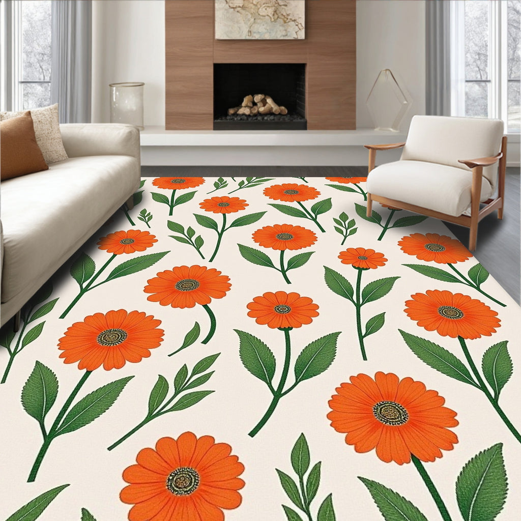 Orange Daisy Floral Pattern Rug