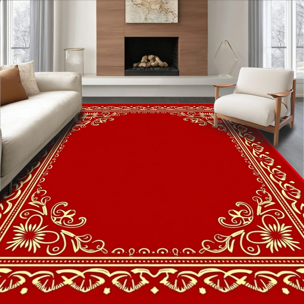 Red Gold Ornate Floral Border Rug