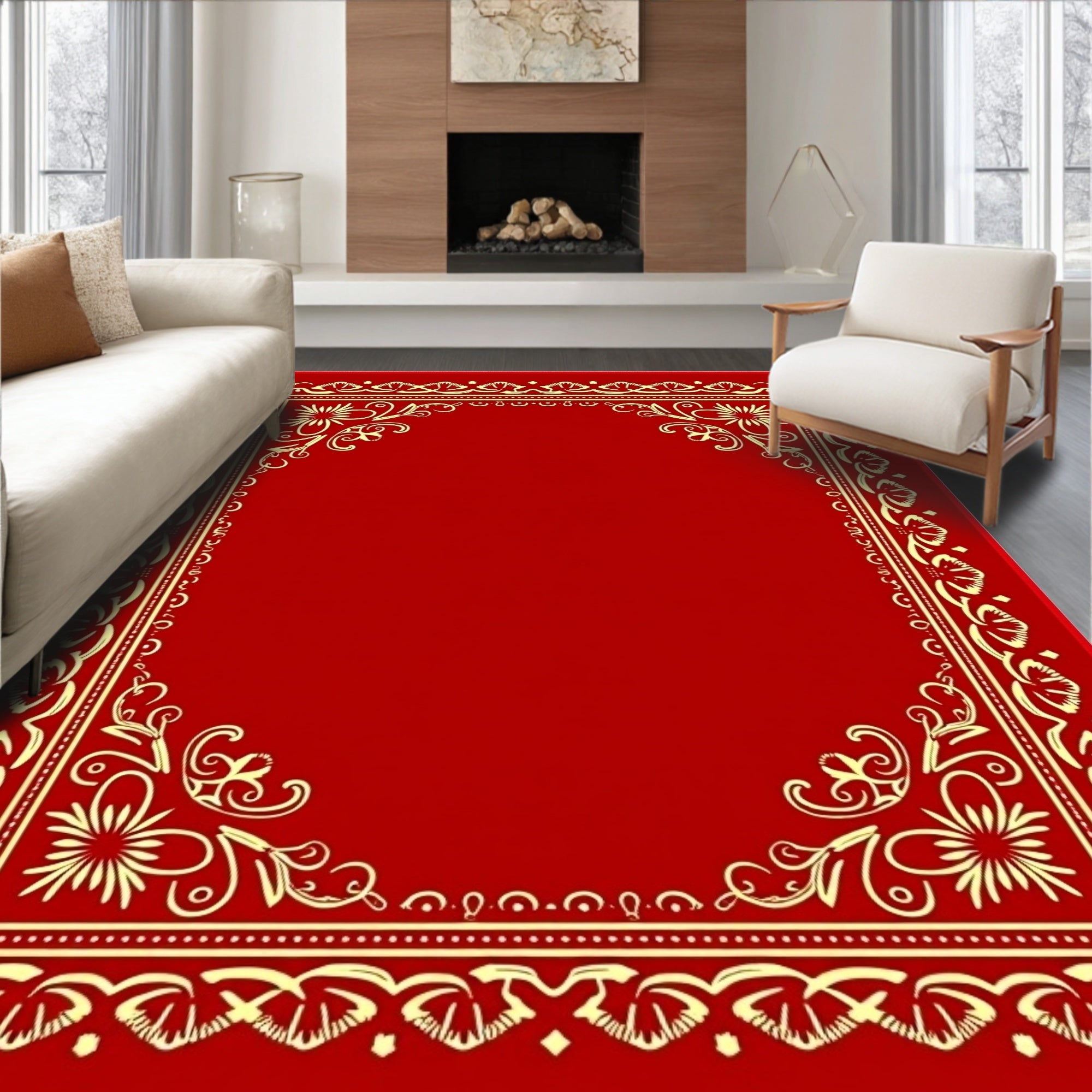 Red Gold Ornate Floral Border Rug
