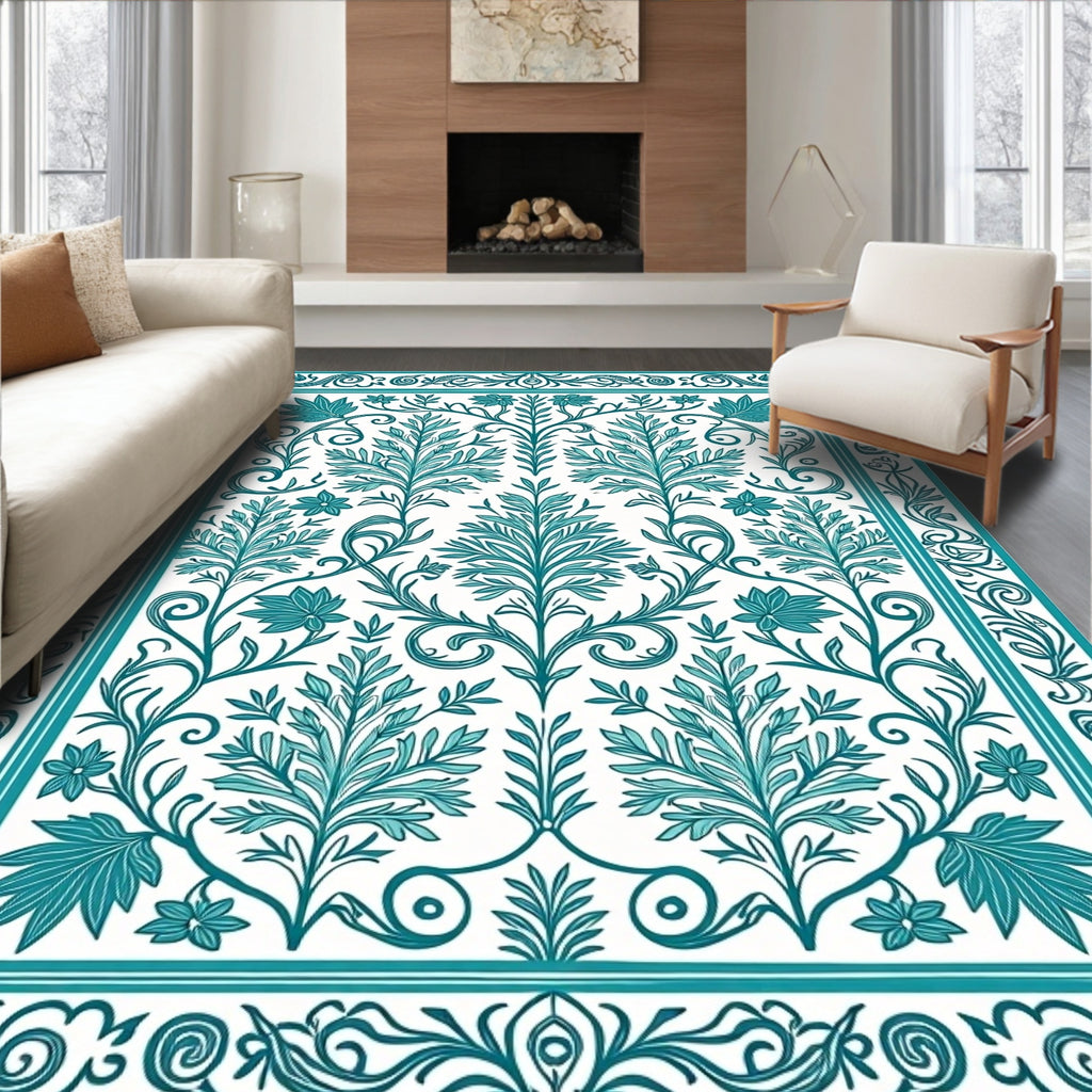 Teal Leaf and Floral Pattern Rug
