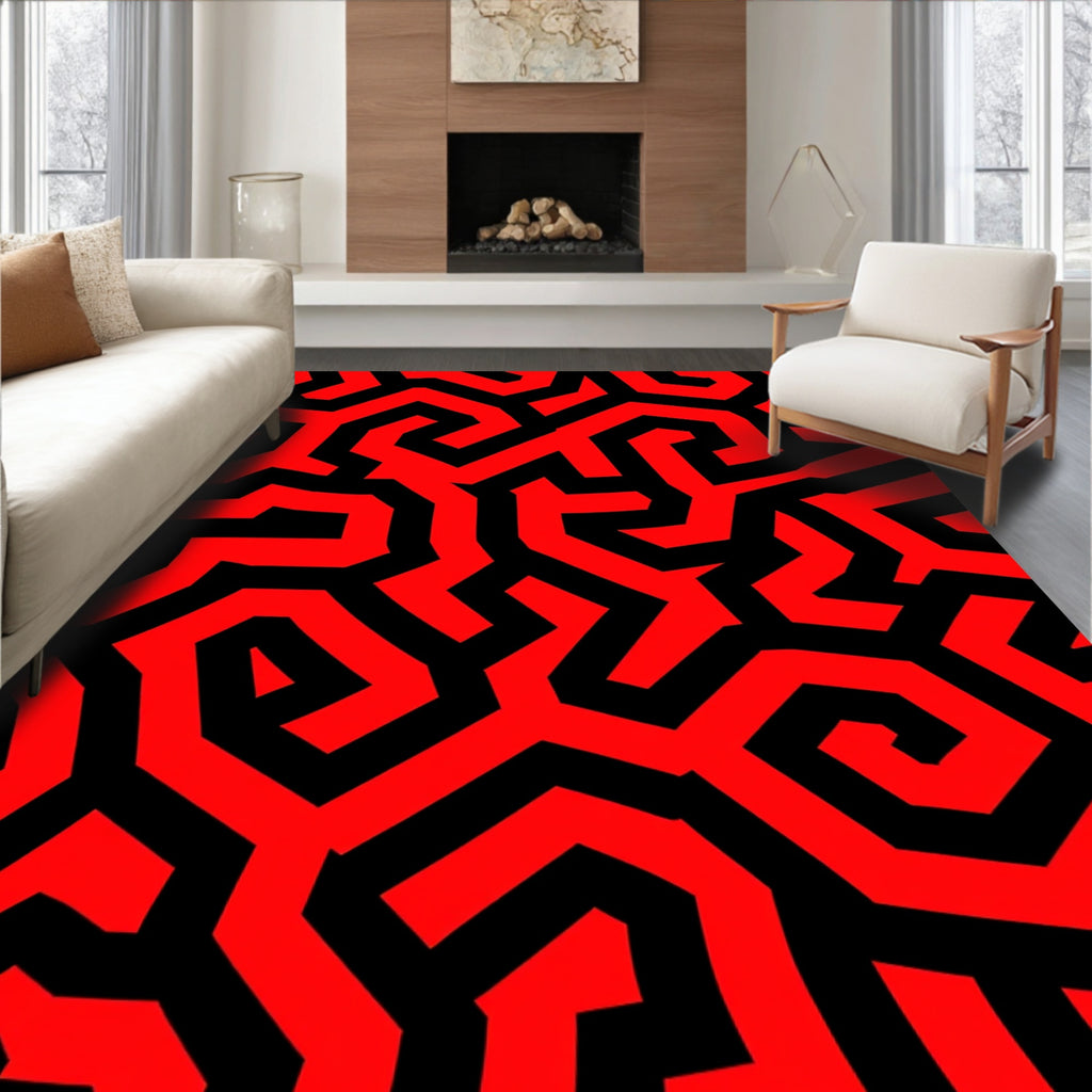 Bold Red Black Maze Pattern Rug