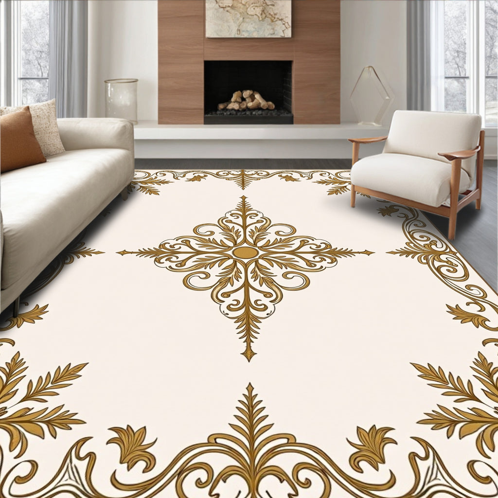 Gold Leaf Scrollwork Square Pattern Rug