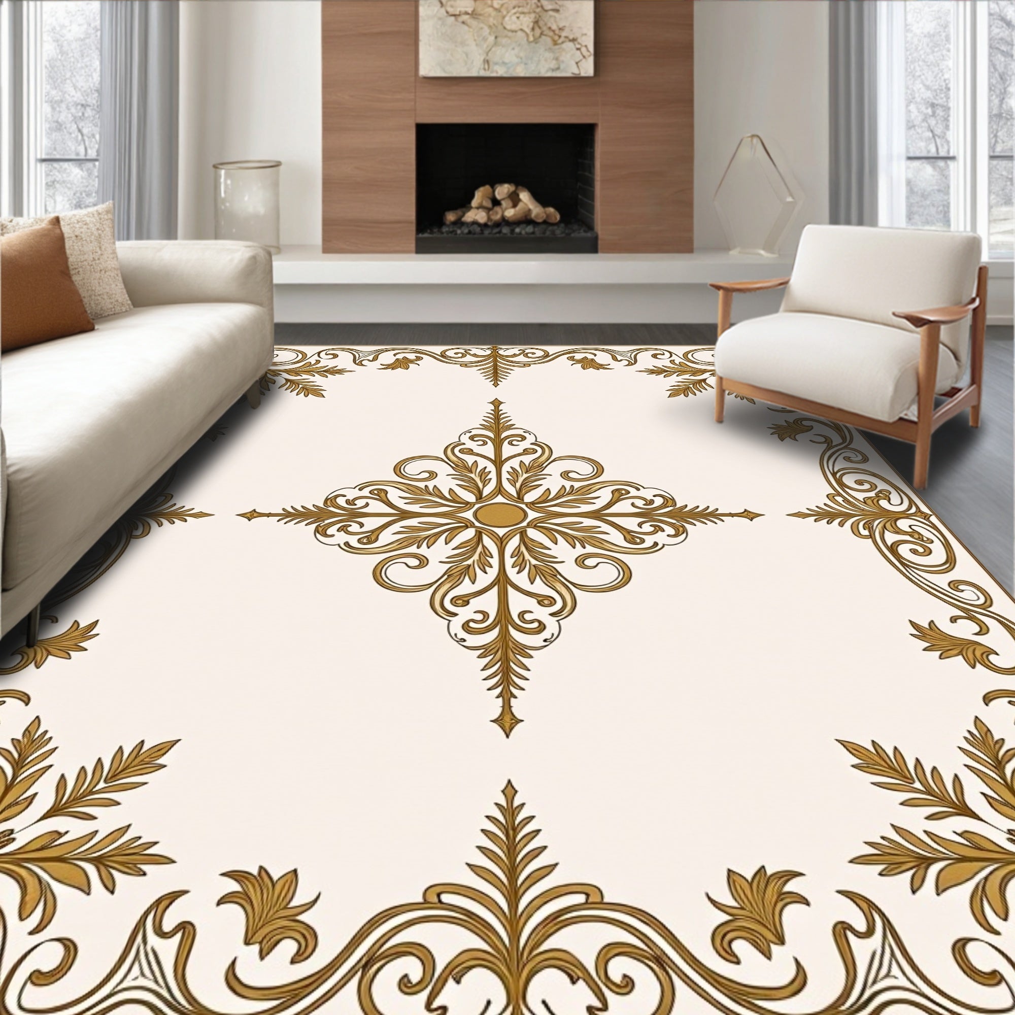 Gold Leaf Scrollwork Square Pattern Rug