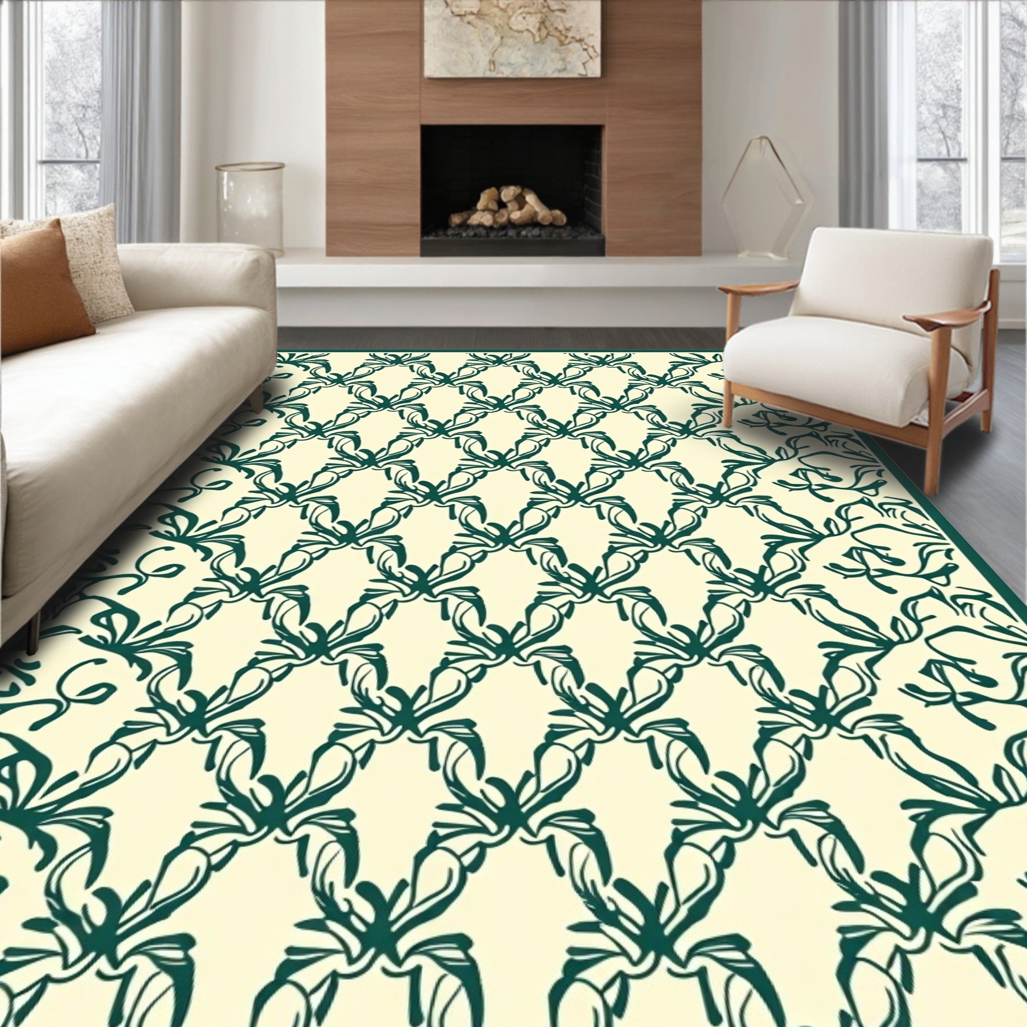 Ornate Green Floral Lattice Pattern Rug