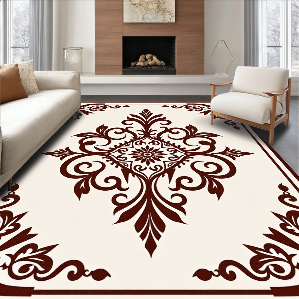 Elegant Dark Brown Floral Scroll Pattern Rug