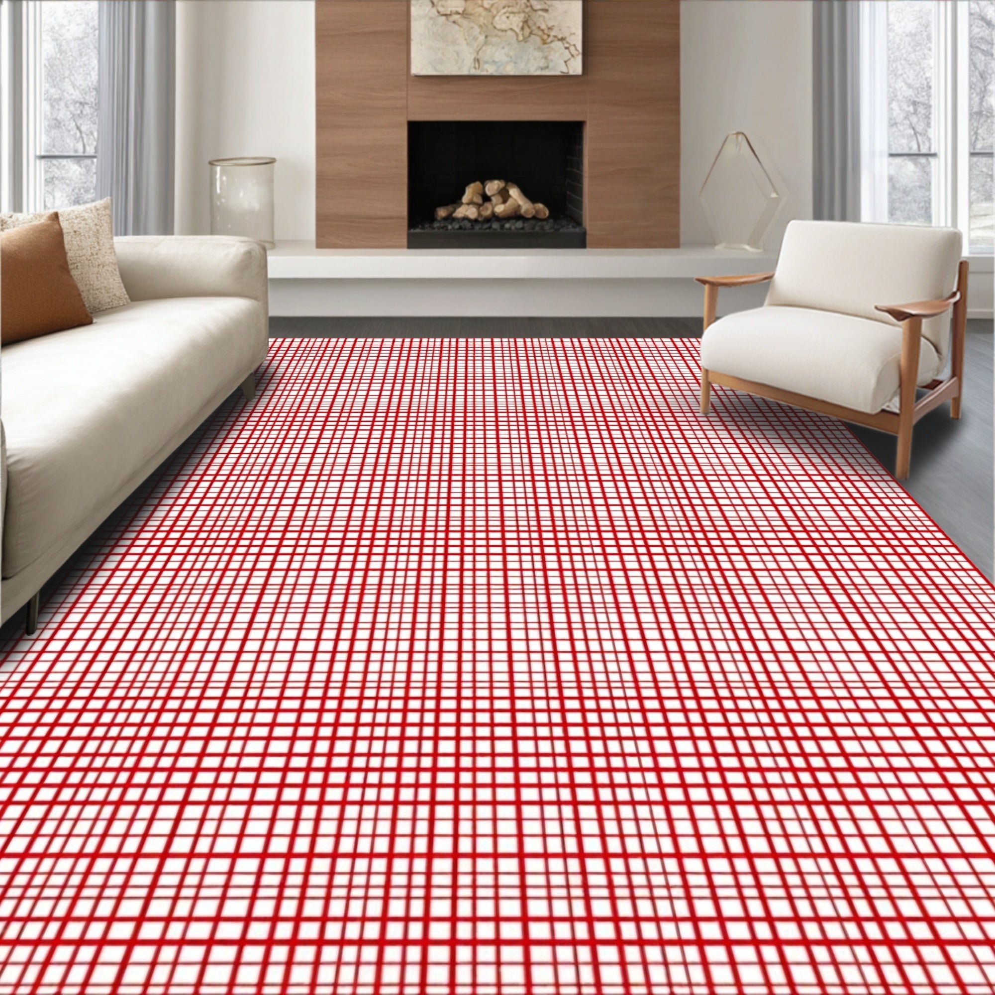 Bold Red Plaid Grid Pattern Rug