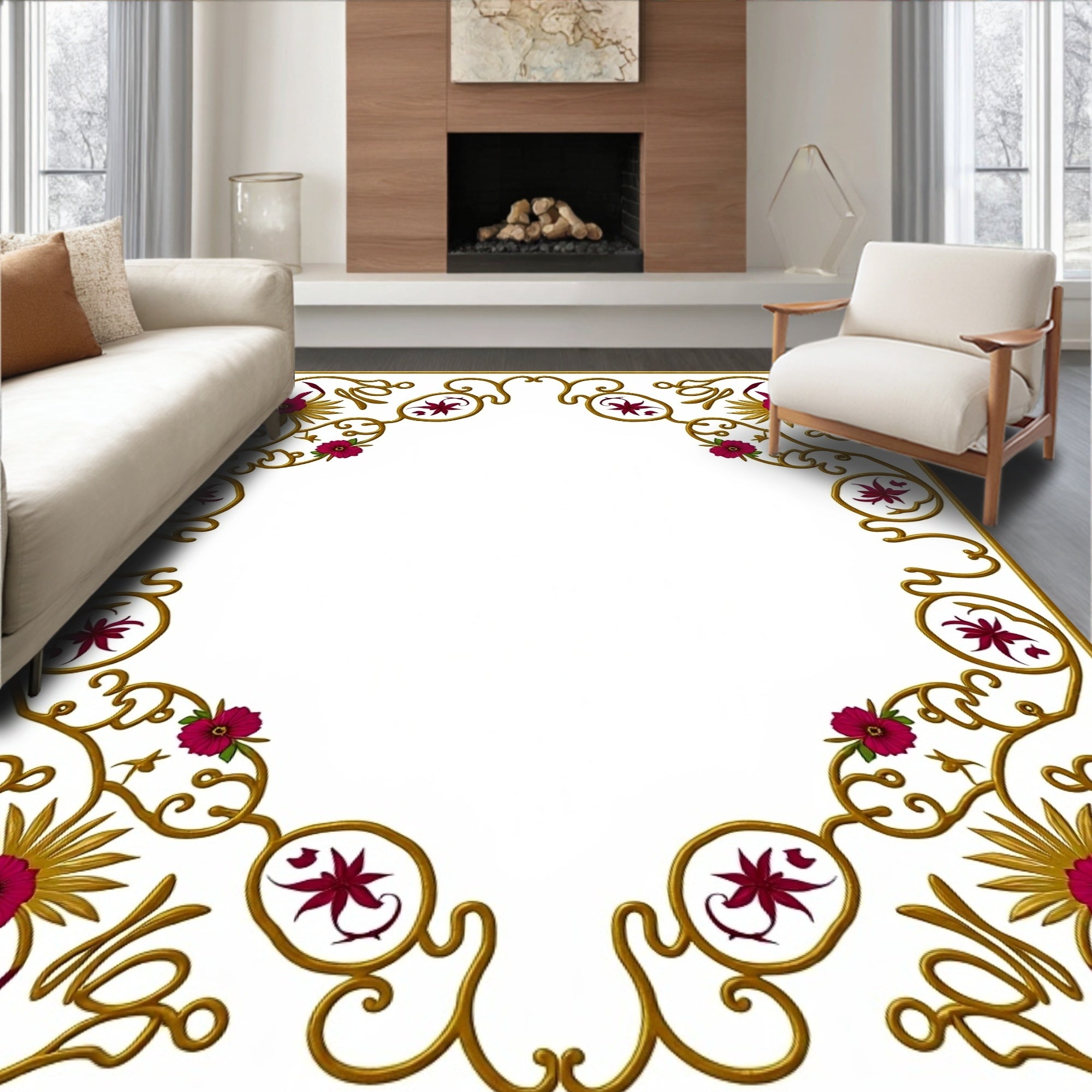 Ornate Gold Floral Border Design Rug