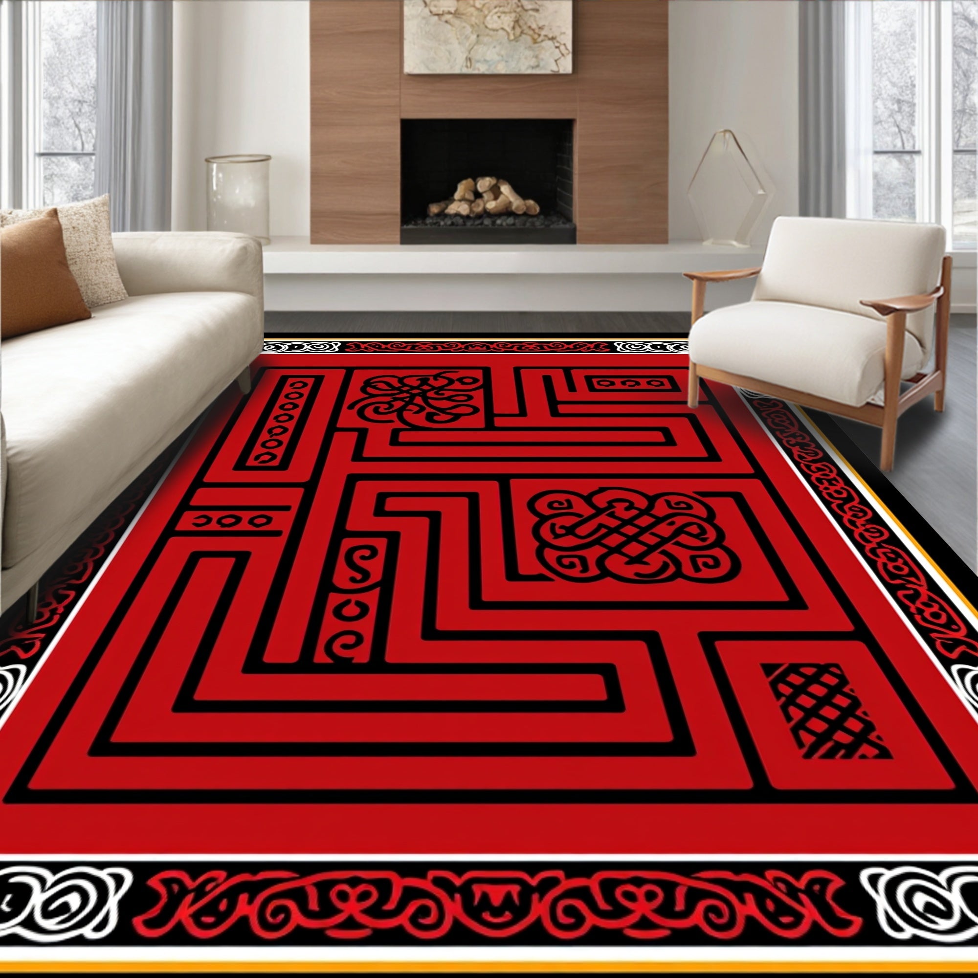 Red Black Maze With Intricate Patterns Rug