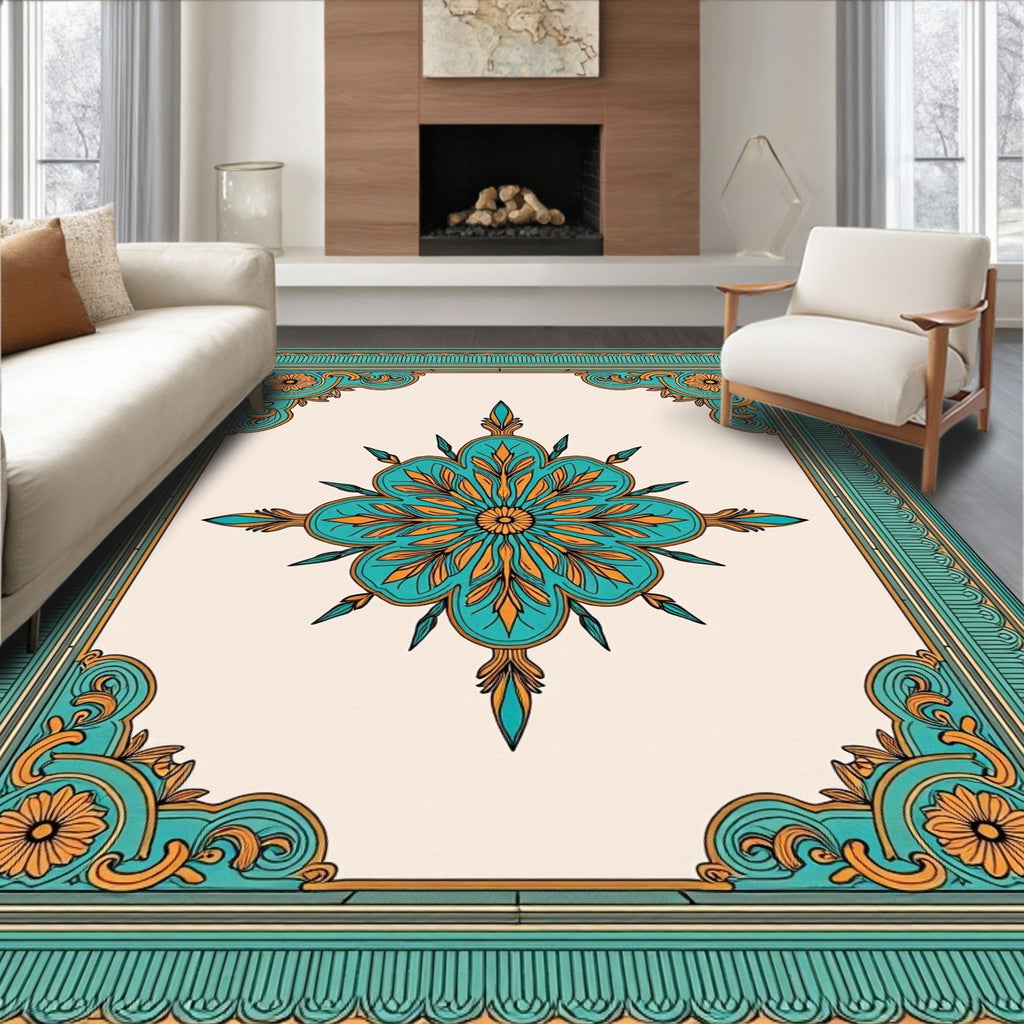Ornate Teal and Gold Floral Medallion Rug