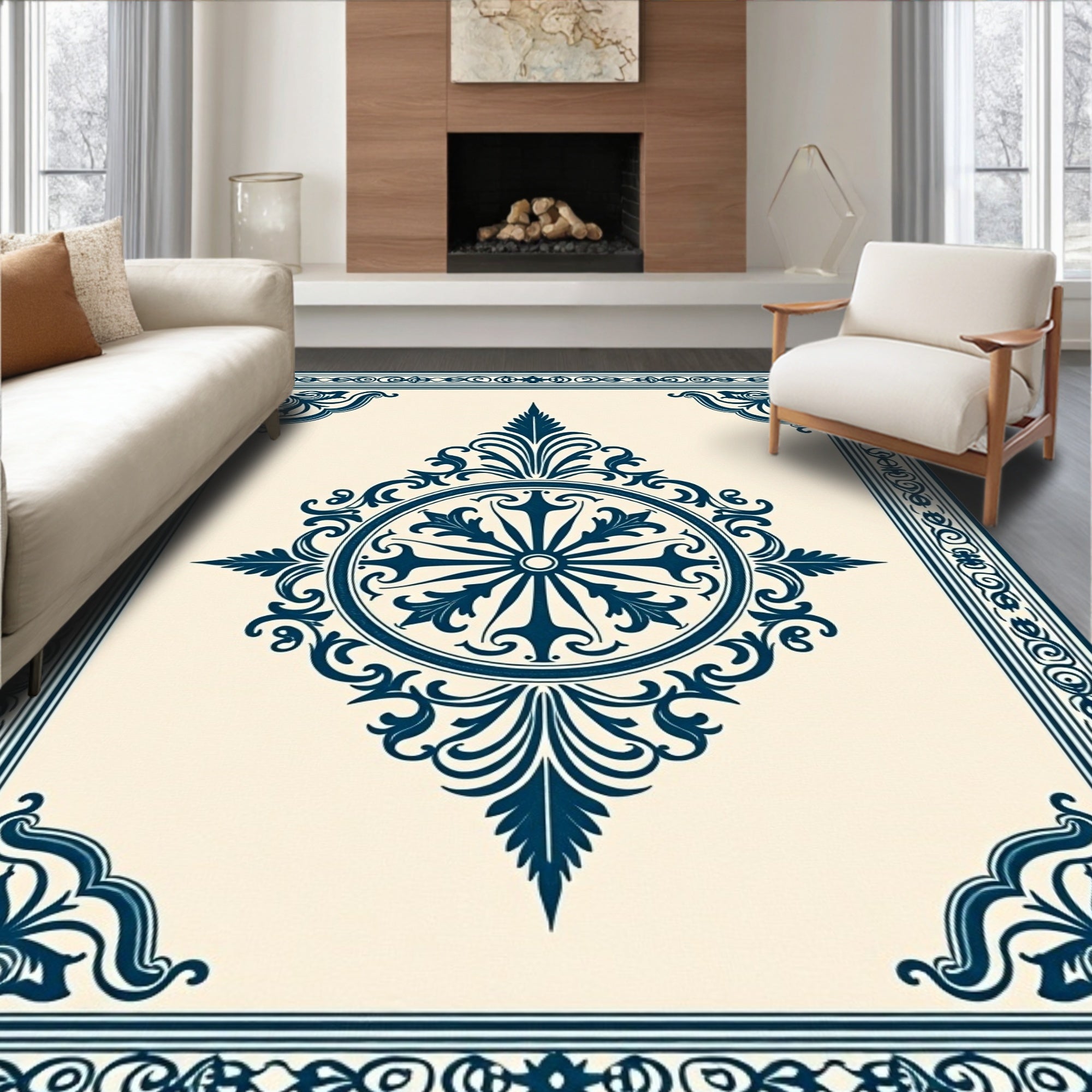 Ornate Dark Blue Medallion Pattern Rug