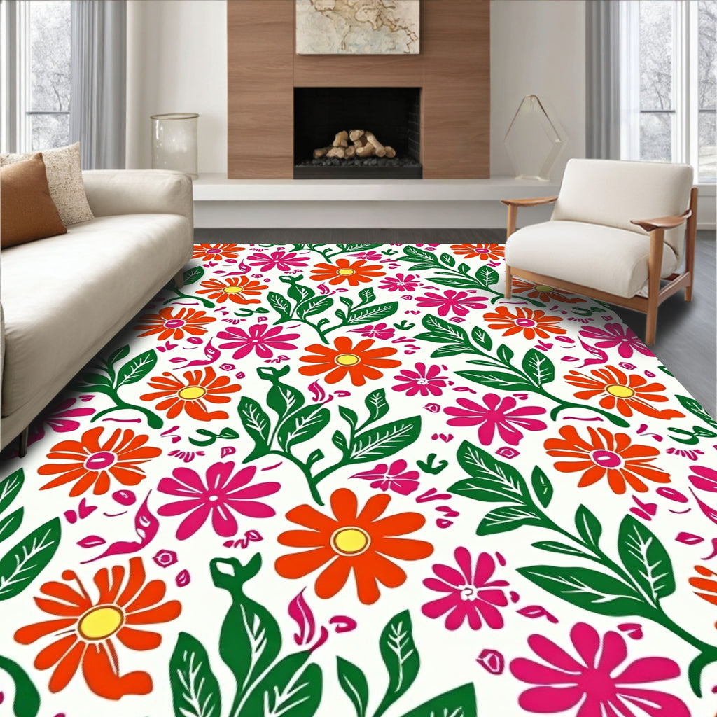 Vibrant Orange Pink Floral Pattern Rug