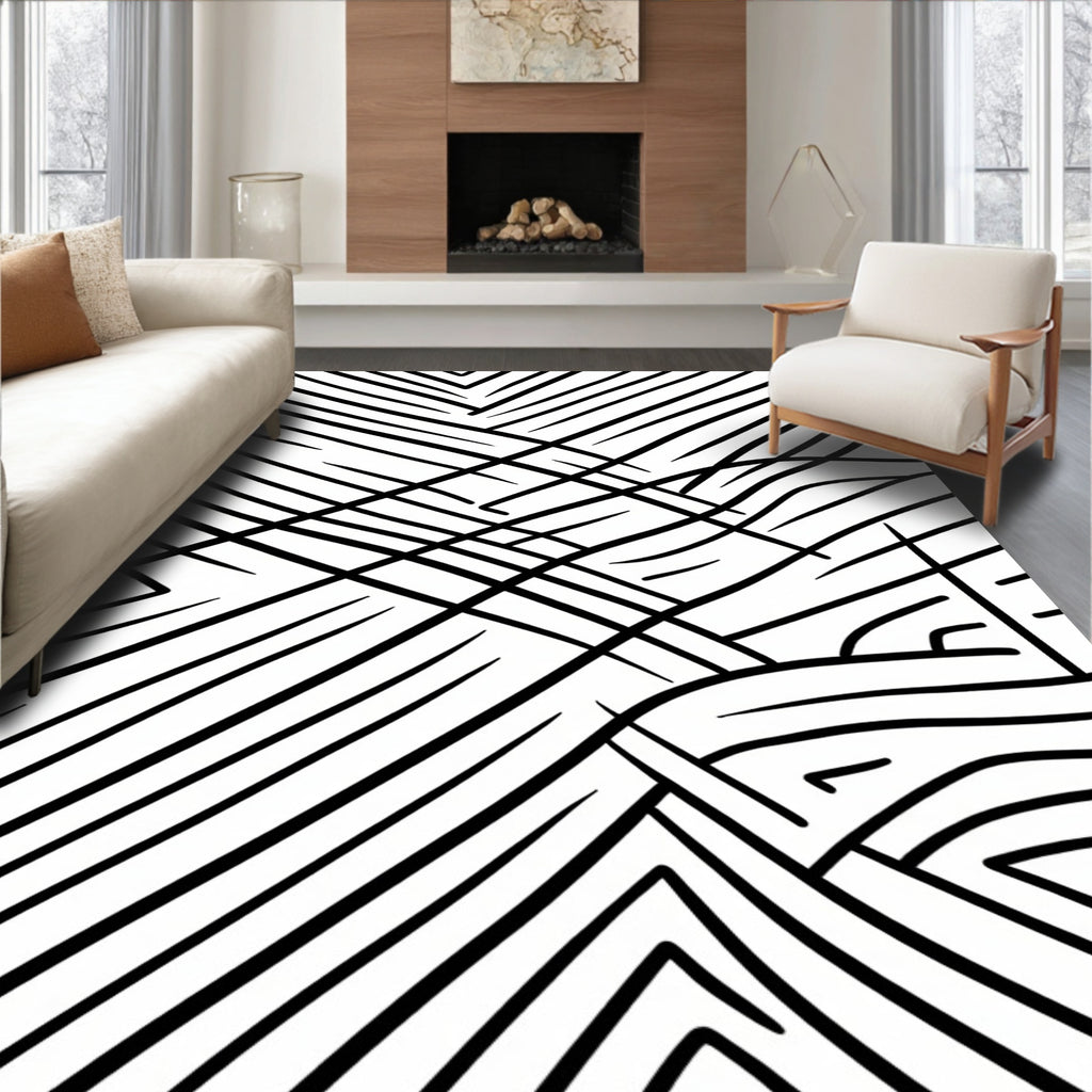 Bold Black Intersecting Lines Pattern Rug