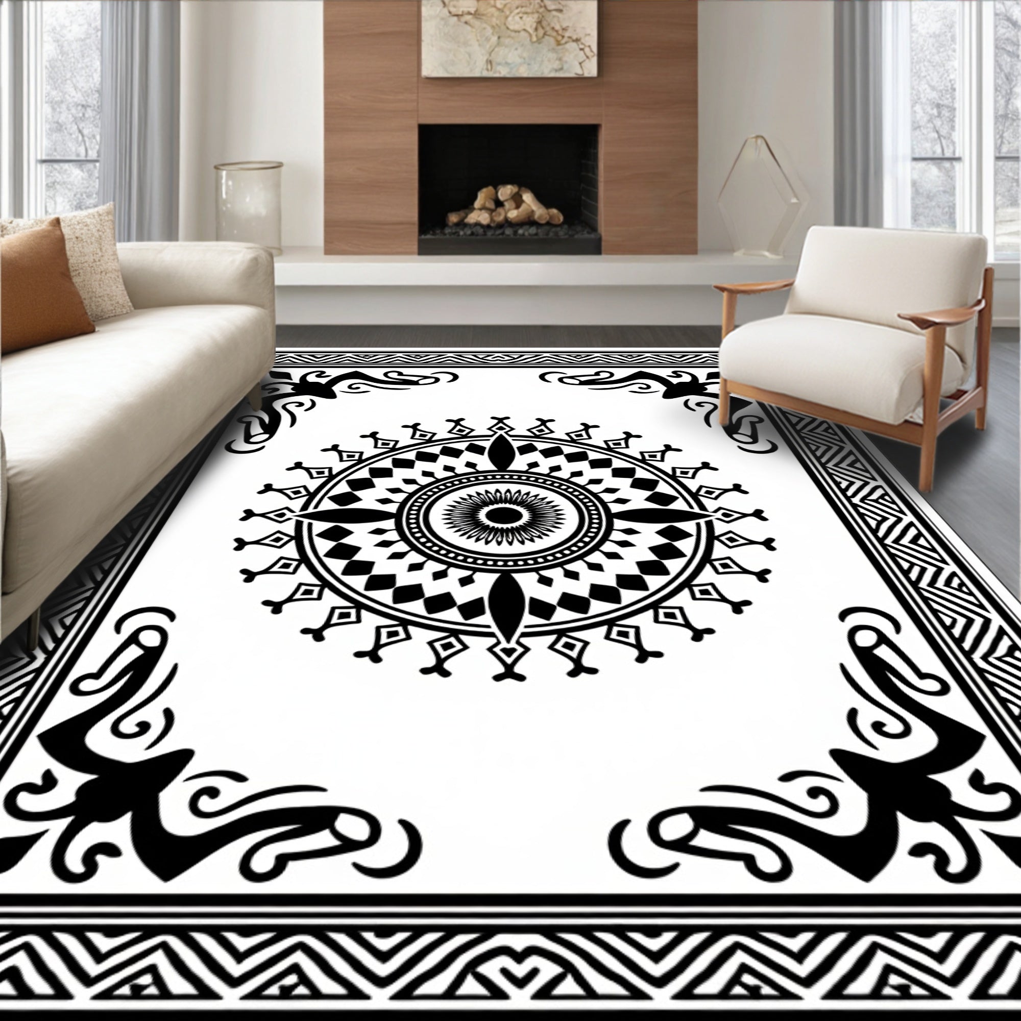 Bold Black White Geometric Mandala Rug