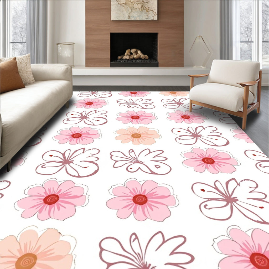 Blush Pink Floral Sketch Pattern Rug
