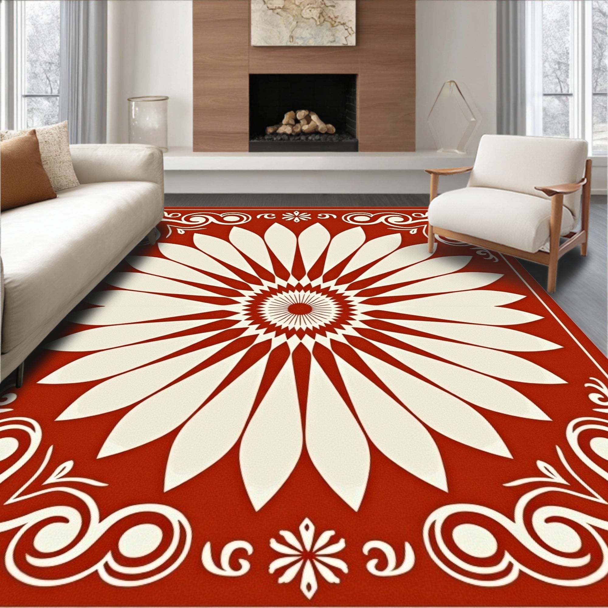 Floral Starburst Red Cream Design Rug